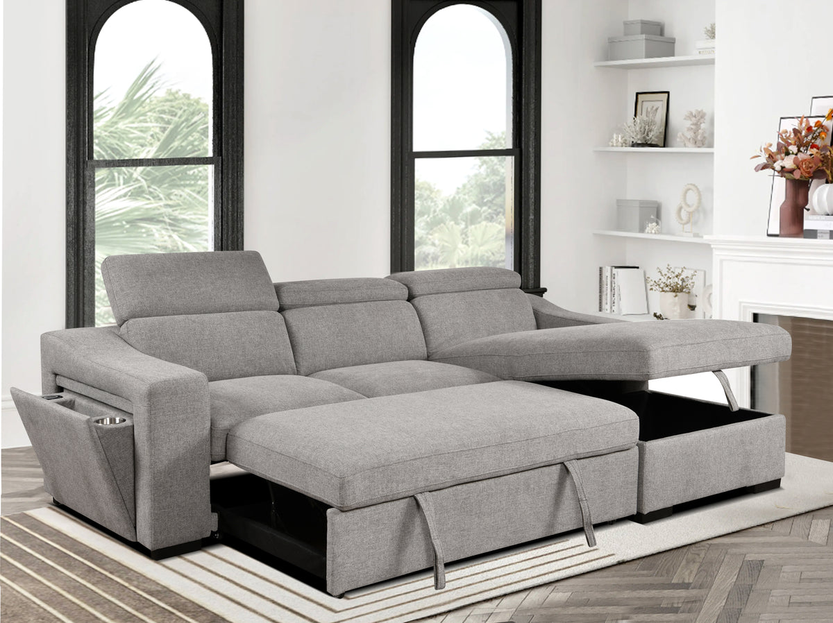 103 Inch Convertible Sectional Sofa with Storage Chaise and Adjustable Headrests with Pull-Out Bed and USB Charging In Light Gray