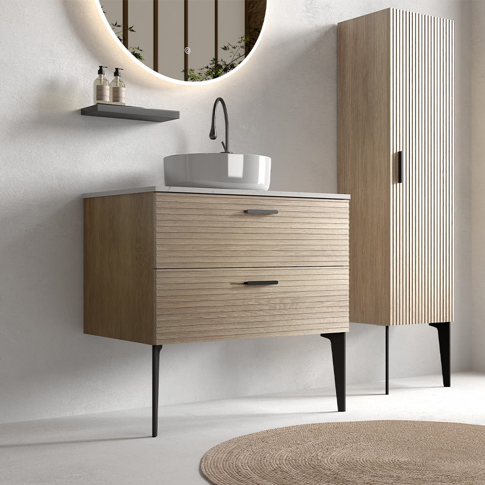 Striped Natural Oak Bathroom Vanity with Ceramic Sink Freestanding Design In Oak
