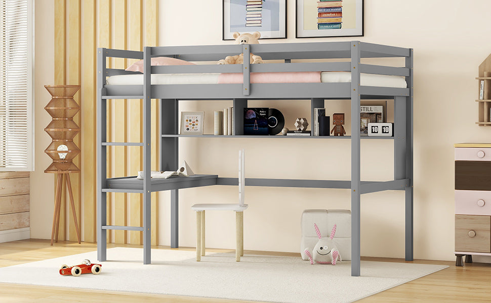 Gray Twin Loft Bed with Desk, Bookcase, and Safety Guardrail