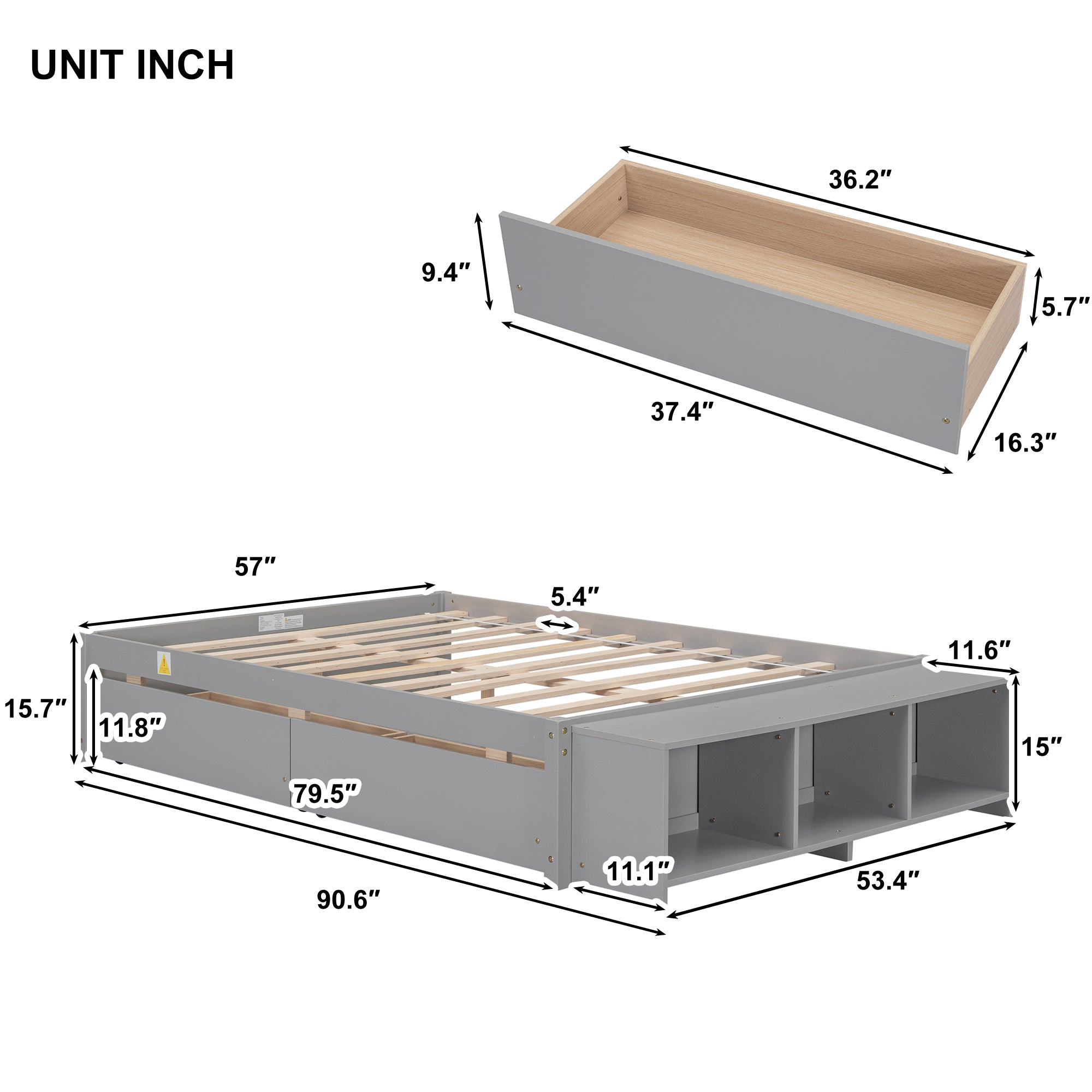 Gray Full Size Bed with Storage Case, 2 Storage Drawers and Lengthwise Support Slat