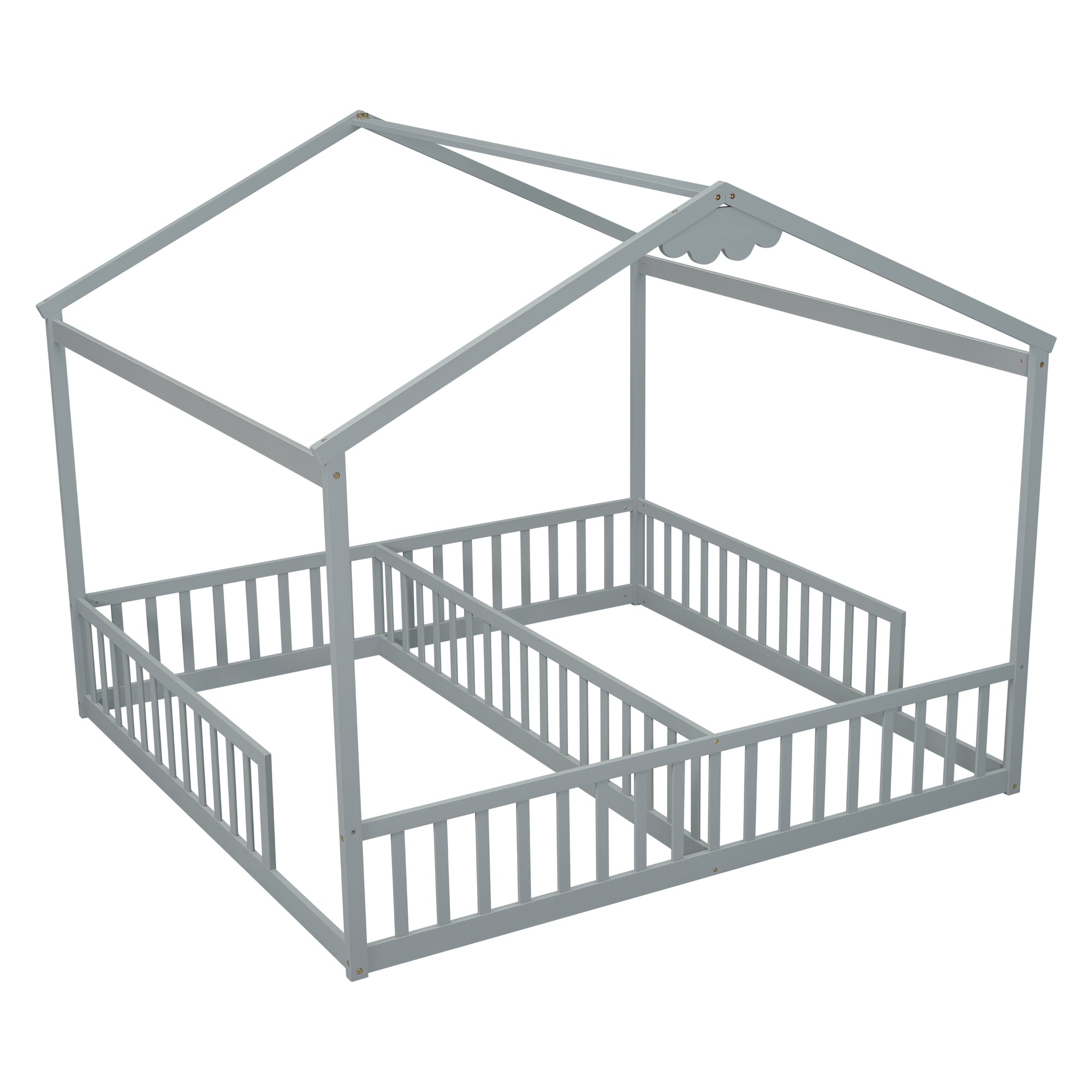 Gray Double Twin House-Style Toddler Floor Bed with Fence and Guardrails