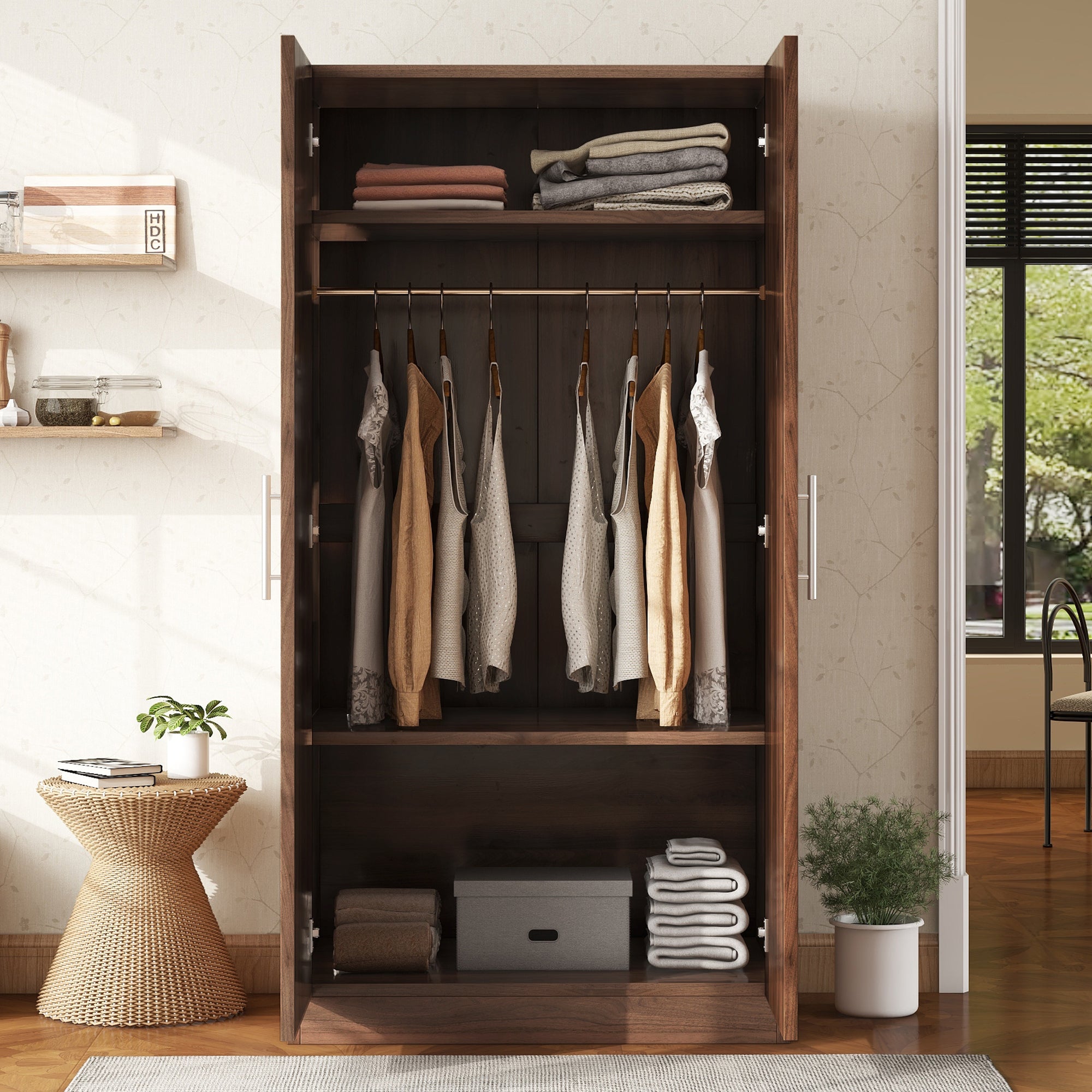 2-Door Wooden Wardrobe Armoire with 3 Storage Shelves In Brown