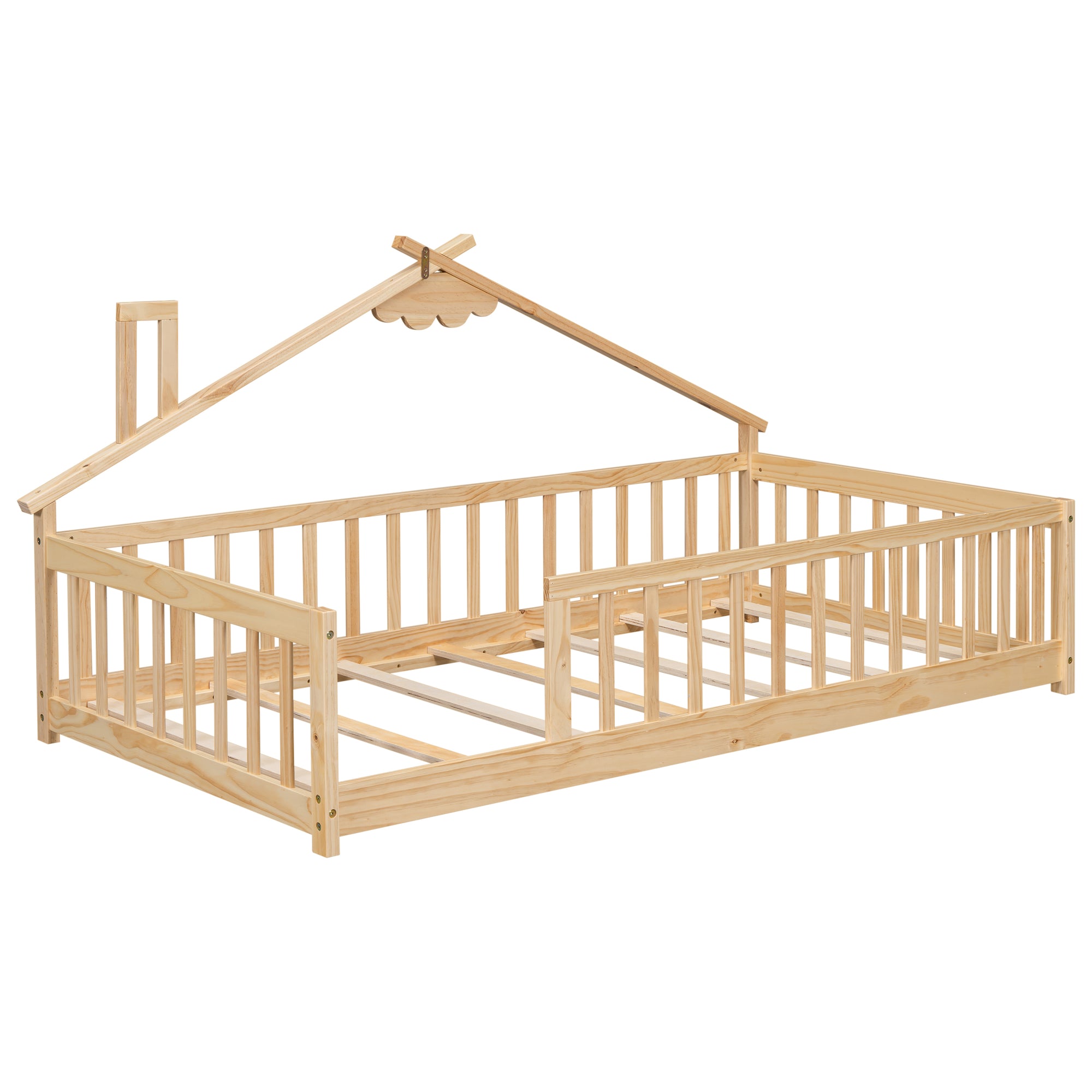 Twin House-Shaped Toddler Floor Bed with Guardrails and Fence in Natural Tones