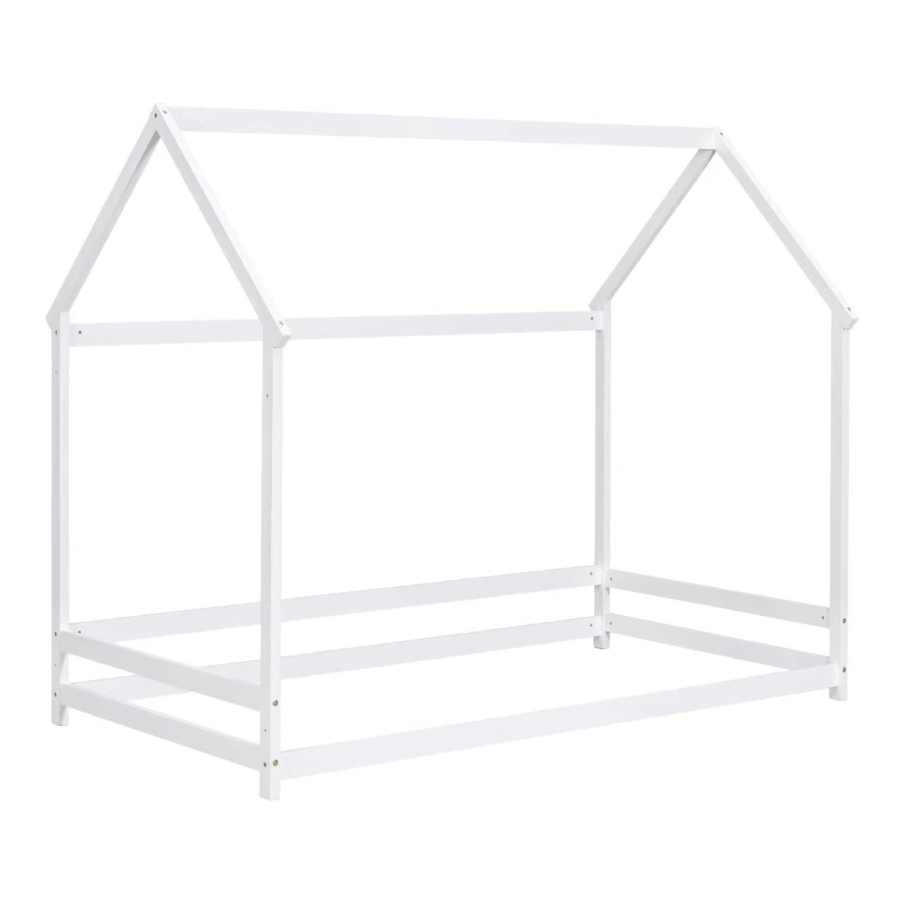 Twin Size Wood House-Shaped Floor Bed with Storage Shelf and Hanger in White