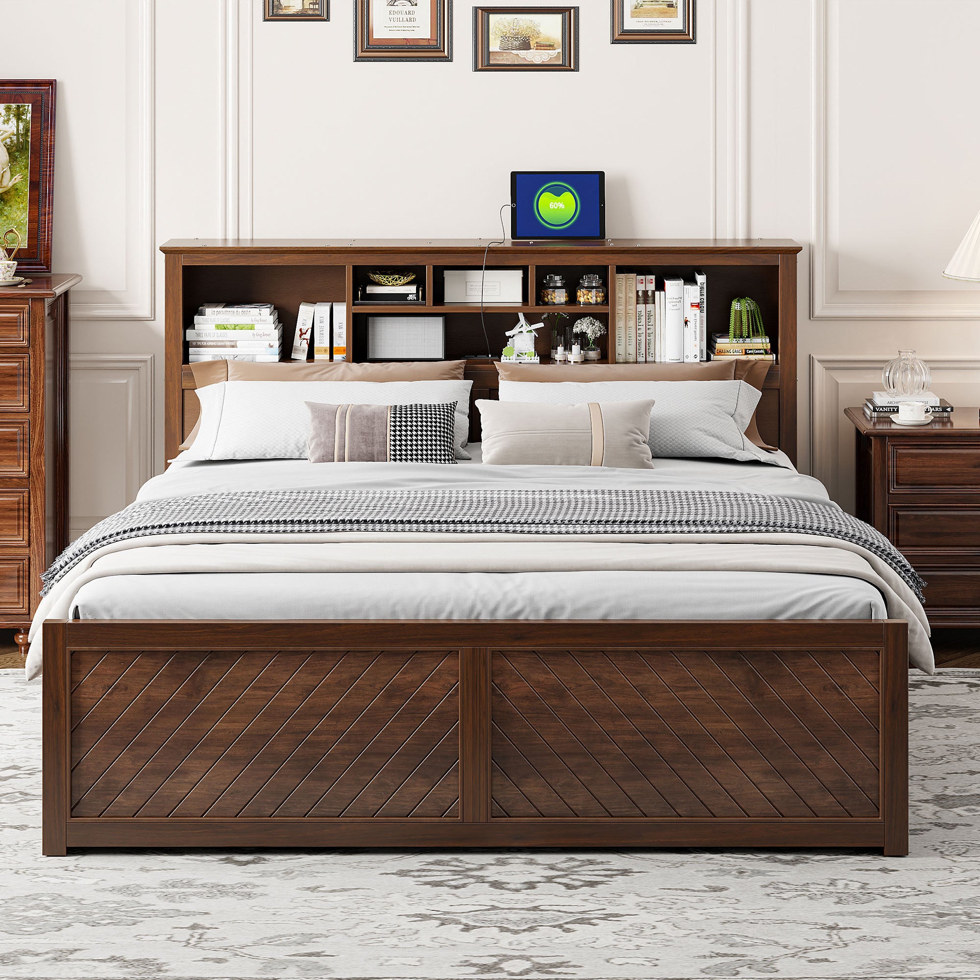 King Size Wood Platform Bed with Multi-Storage Headboard and USB Ports In Antique Wood Color