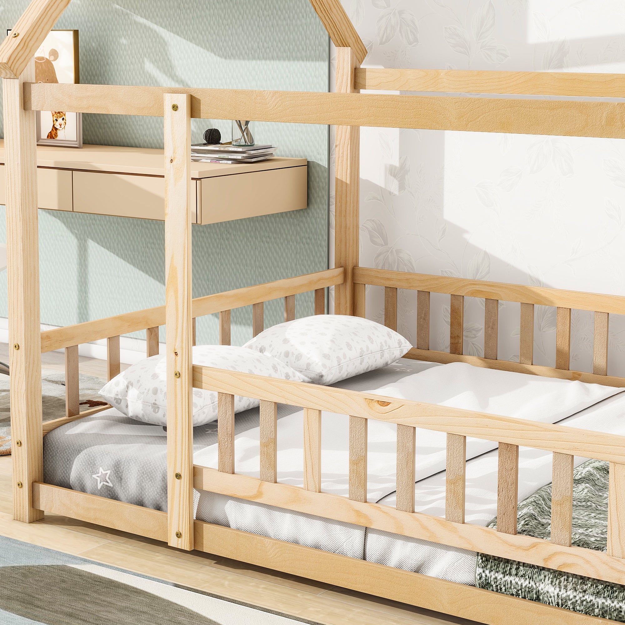 Natural Full Size Floor Wooden Toddler Floor Bed with House Roof Frame and Fence Guardrails