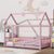 Pink Twin Size Toddler Floor Wooden Bed with House Roof Frame and Fence Guardrails