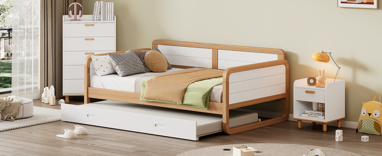 Twin Modern Daybed with Trundle in White & Walnut