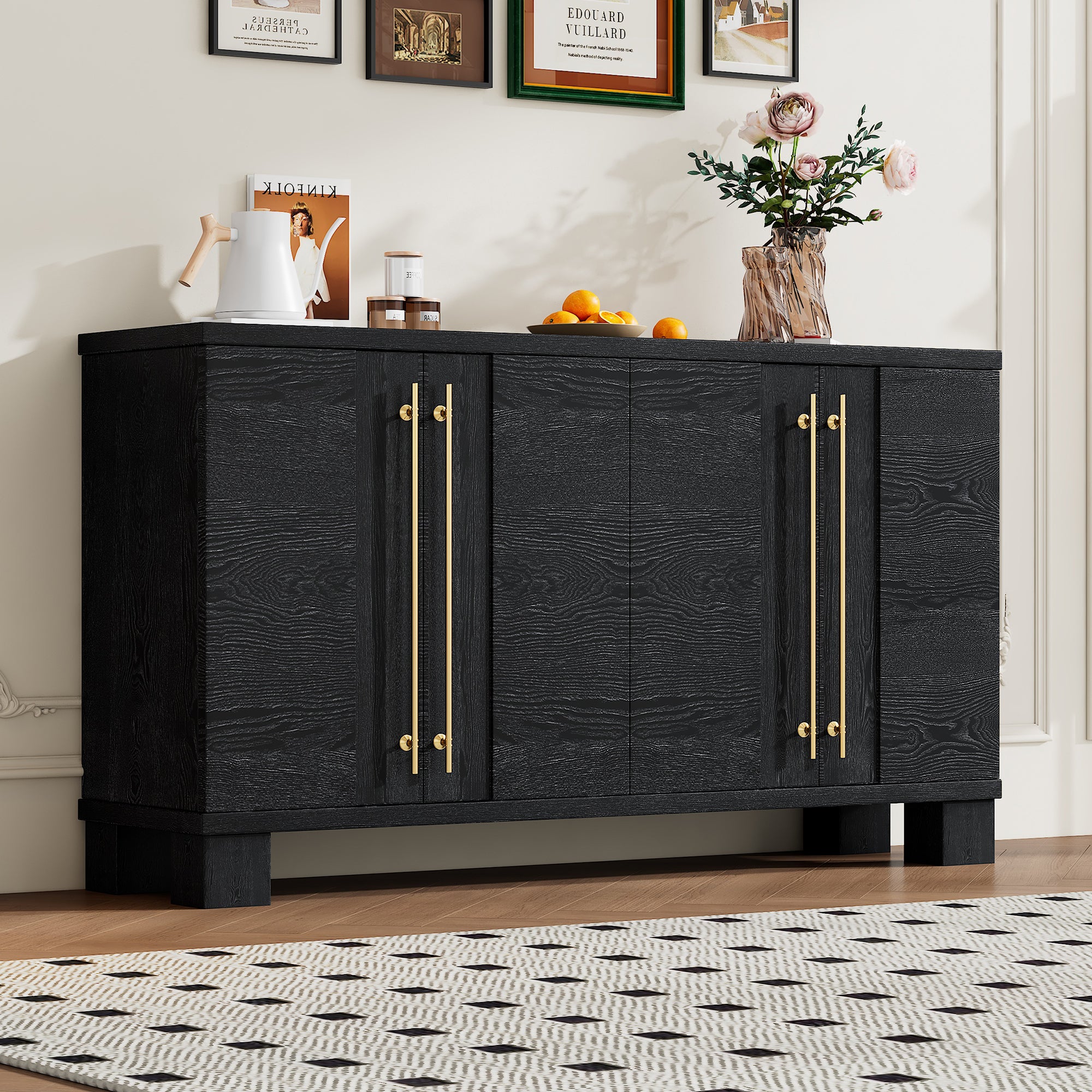 Wood Sideboard Buffet Cabinet with Storage and Adjustable Shelves In Black