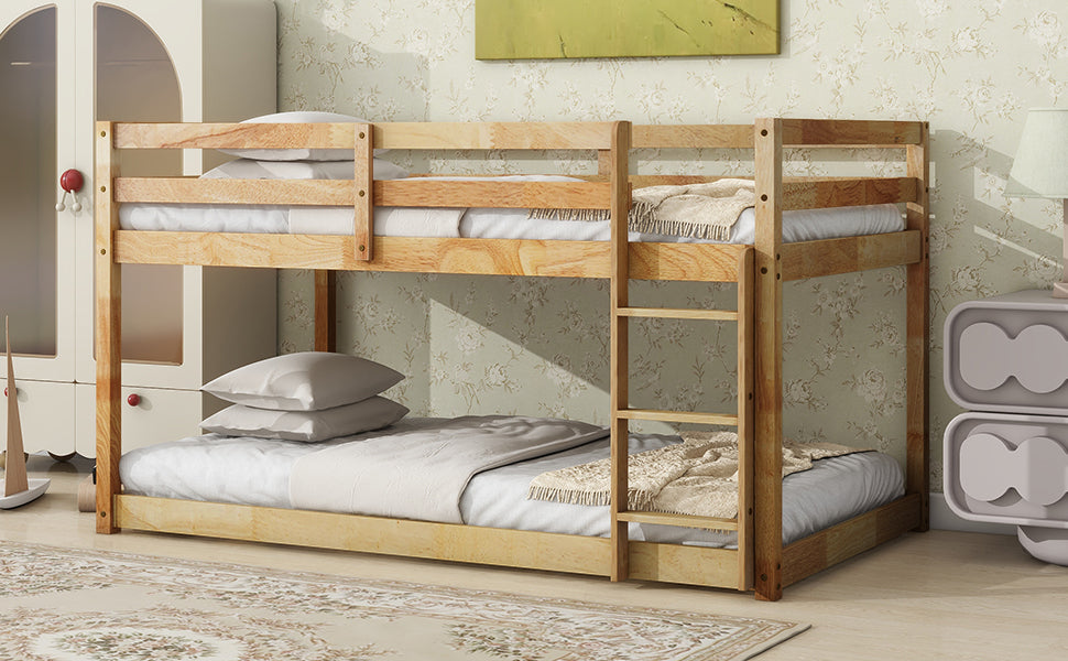 Twin Over Twin Rubber Wood Loft Bed with Ladder in Natural Finish