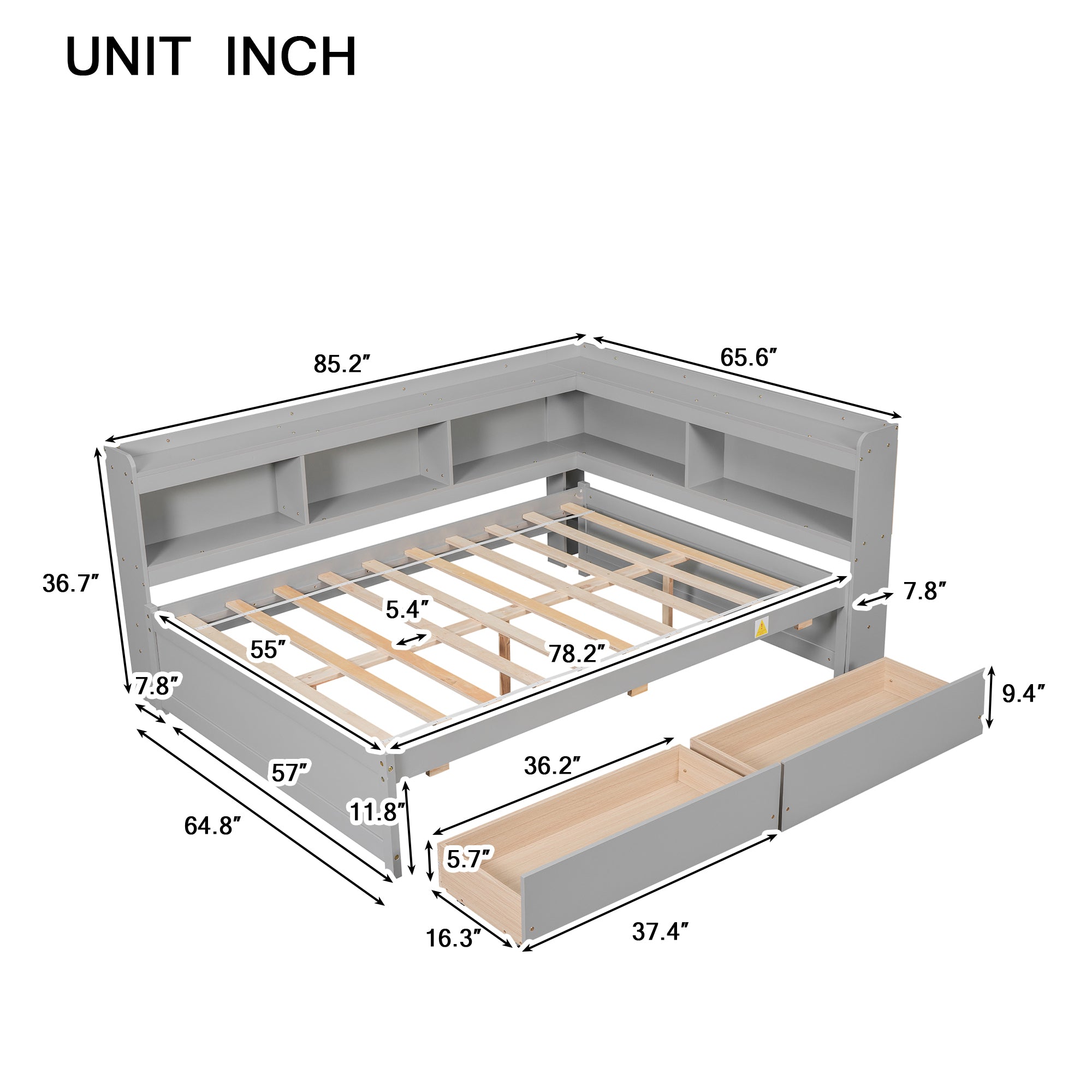 Full Gray Bed with L-Shaped Bookcases and Drawers