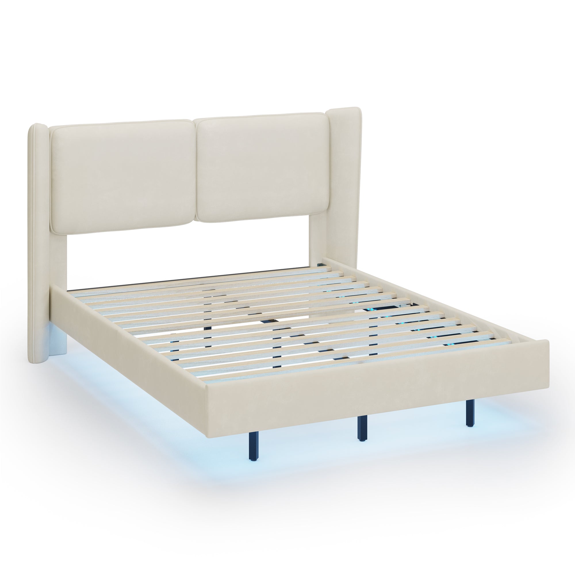 Queen Velvet Floating Platform Bed Frame with LED Lights in Beige