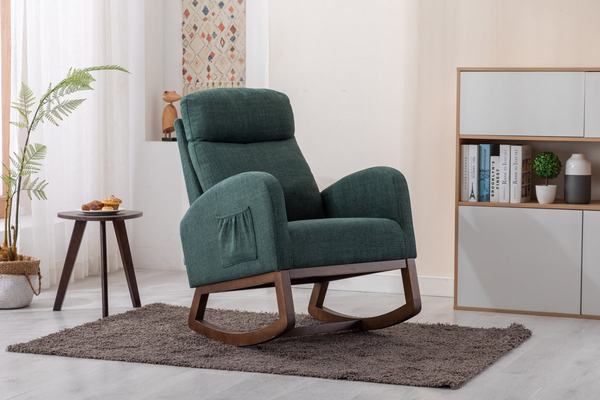 Modern Glider Rocking Chair with Side Pocket and High Back in Emerald Linen