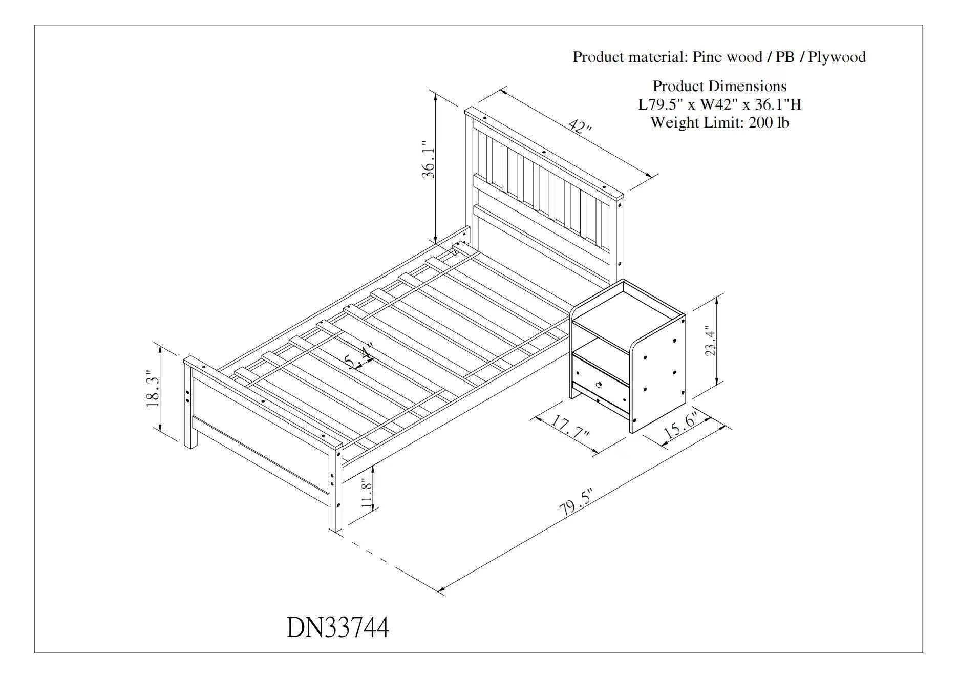 White Twin Bed with Headboard, Footboard, and Nightstand