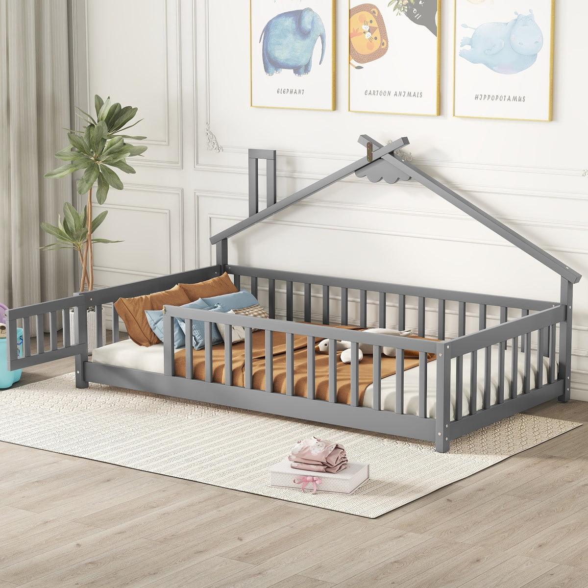 Twin House-Shaped Bedside Toddler Floor Bed with Guardrails and Door in Gray