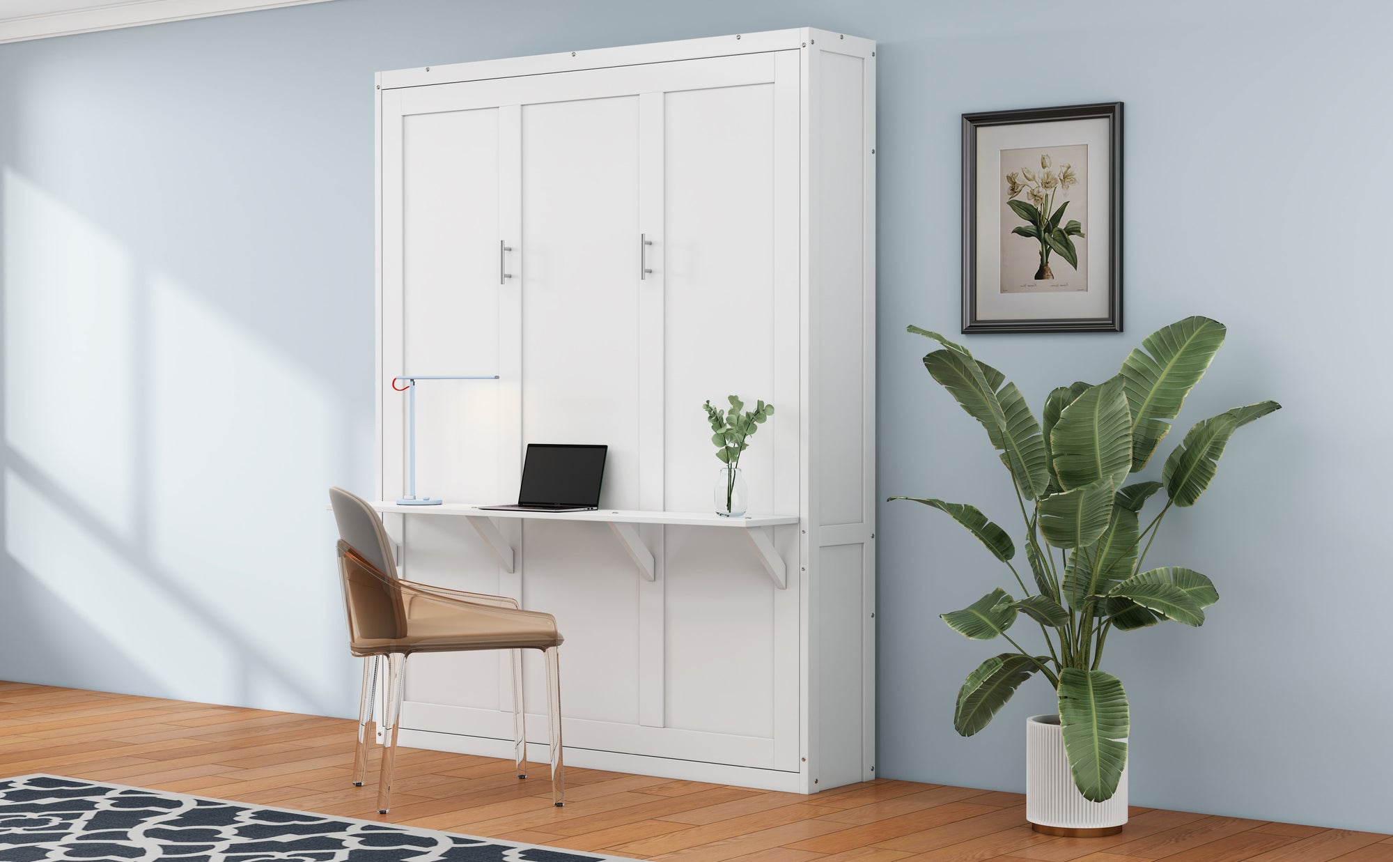 White Queen Size Murphy Bed with Cabinet, Desk, and Side Cabinet