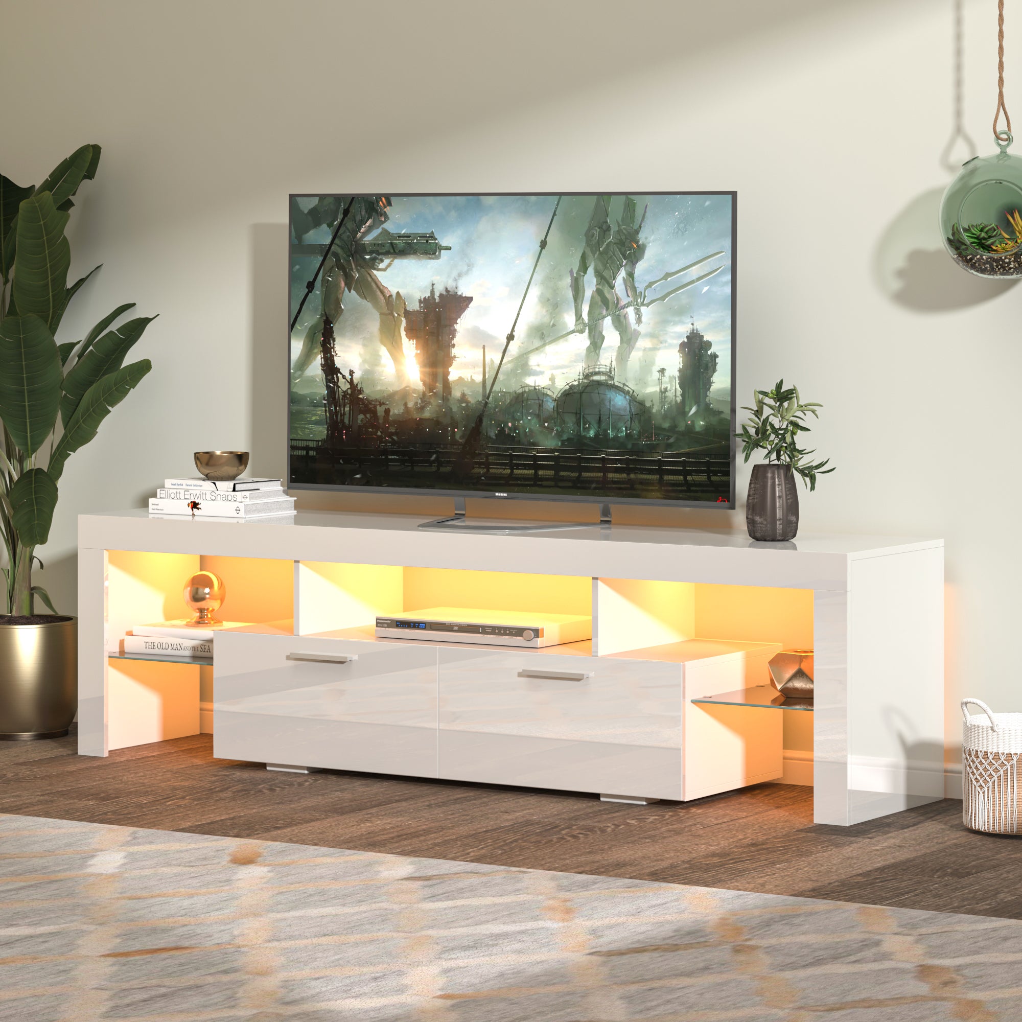 TV Stand Cabinet with LED Light Belt and Toughened Glass Shelf In White