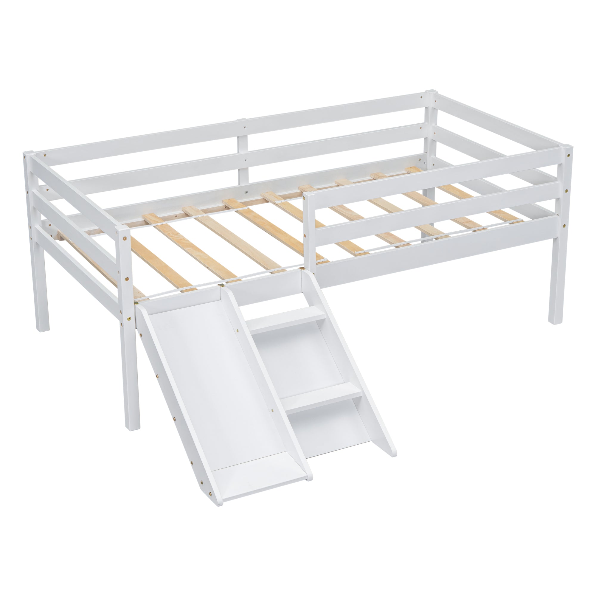 Twin Size Low Loft Bed with Slide, Ladder & Safety Guardrails in White