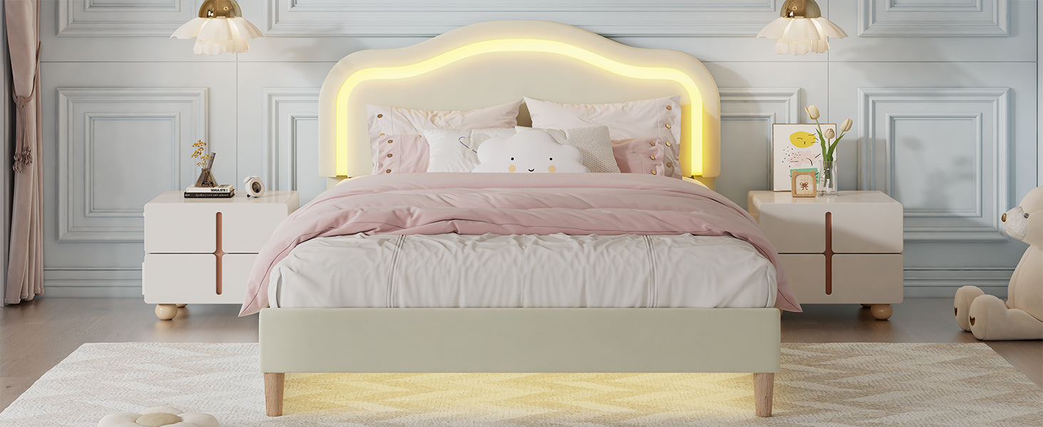 Twin Bed Frame with Adjustable LED Lights and Beige Velvet Upholstery