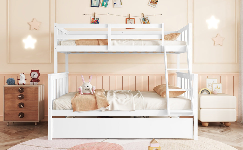 White Twin Over Full Rubber Wood Bunk Bed with Trundle, Detachable Ladder, and Guardrails