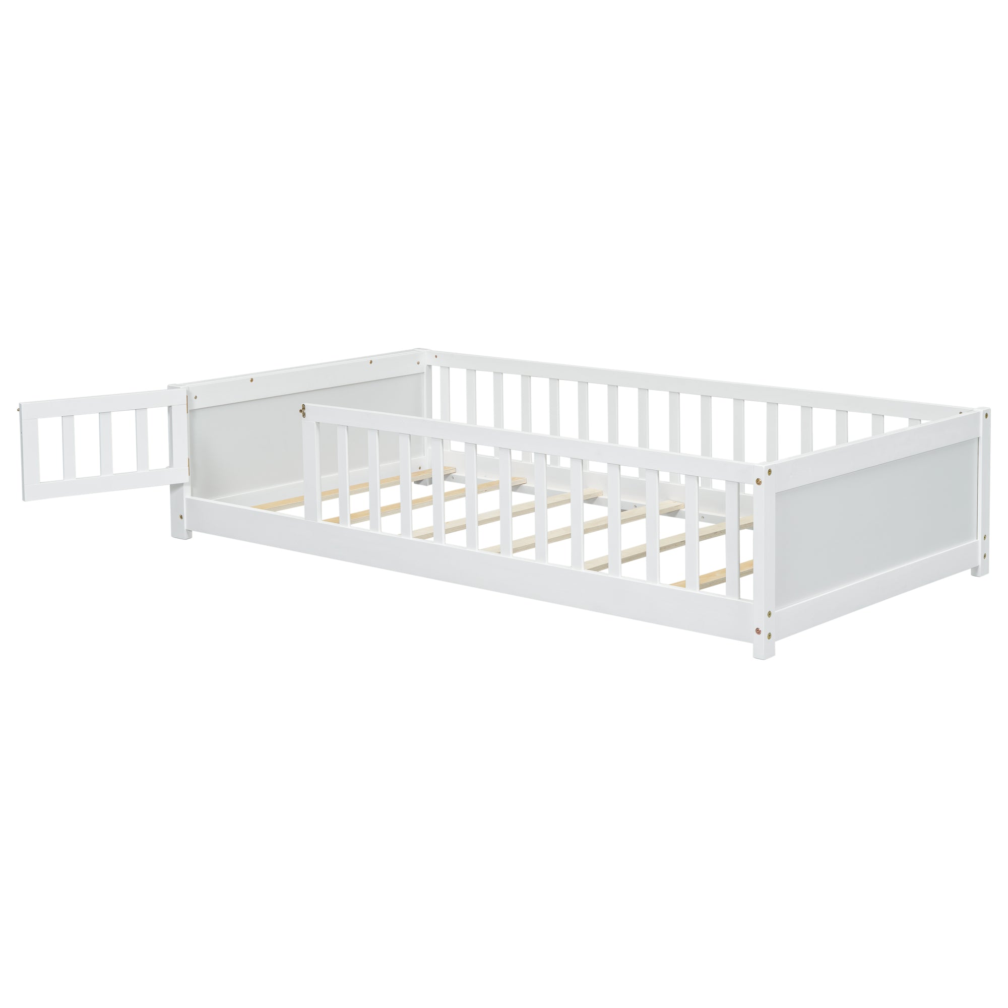 White Twin Toddler Floor Platform Bed with Built-in Book Storage Rack and Door