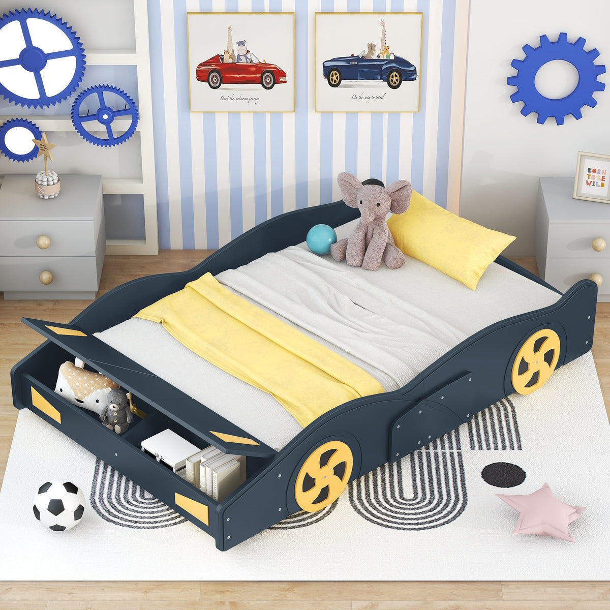 Full Size Race Car-Shaped Platform Bed With Wheels And Storage In Dark Blue Yellow