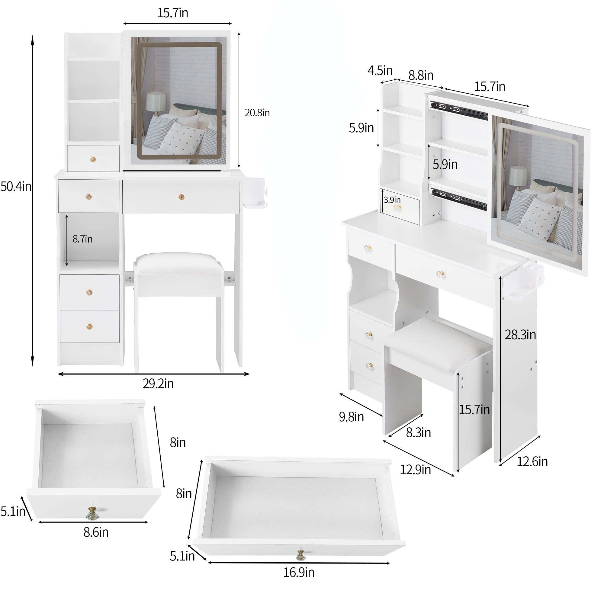 Small Size Left Drawer Vanity Table With Cushioned Stool, 2 AC+2 USB Ports, Touch Control LED Mirror, Tri-Color Switching In White