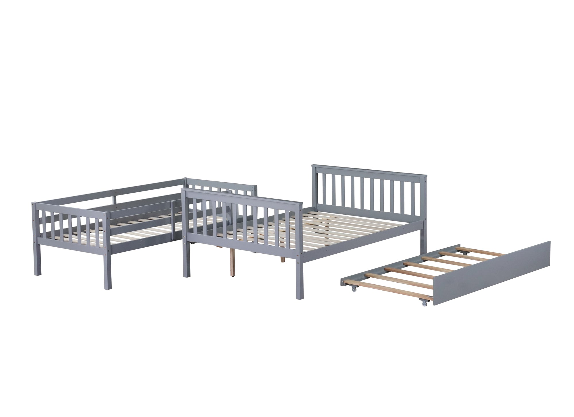 Convertible Gray Twin Over Full Rubber Wood Bunk Bed with Trundle