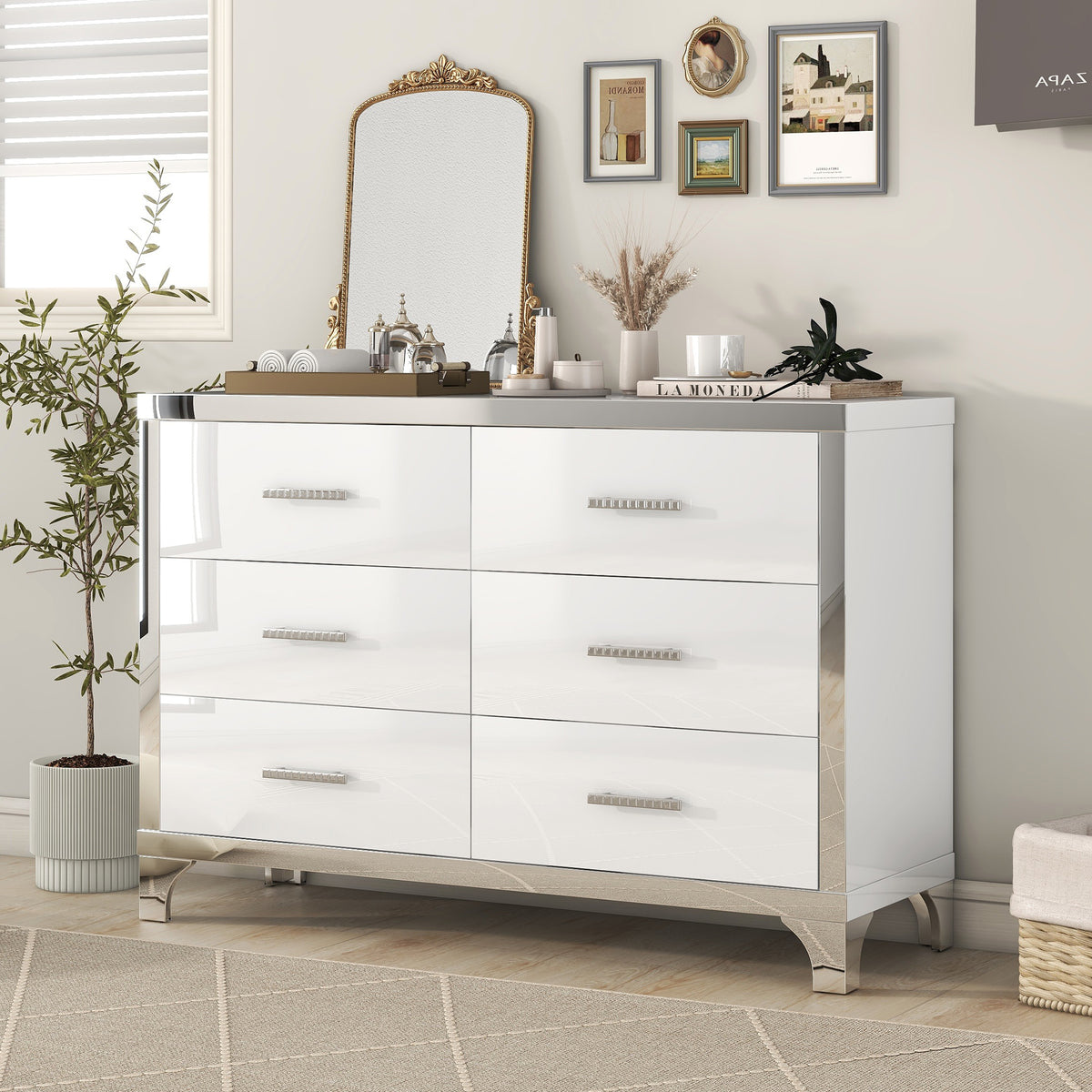 Elegant High Gloss Dresser with Metal Handle and 6 Drawers In White