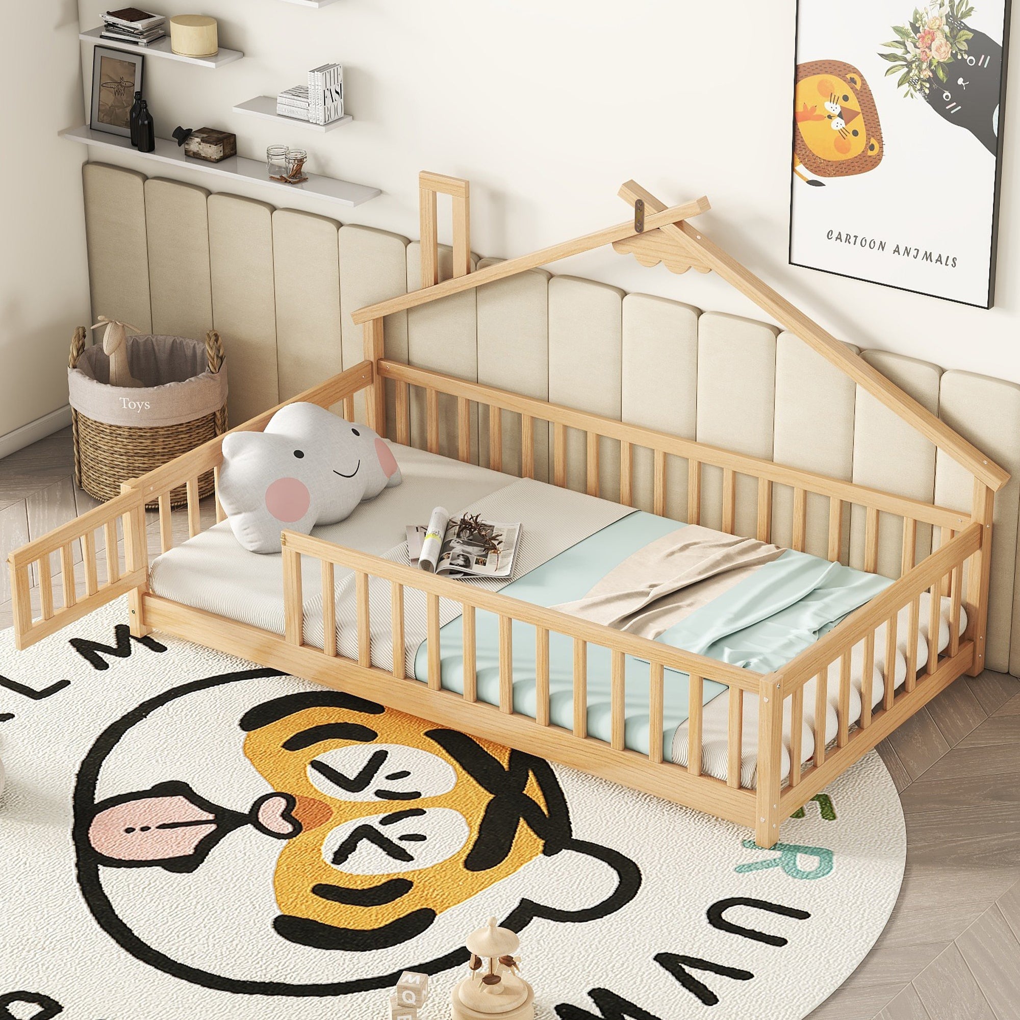 Twin House-Shaped Bedside Floor Bed with Guardrails and Door in Natural Finish