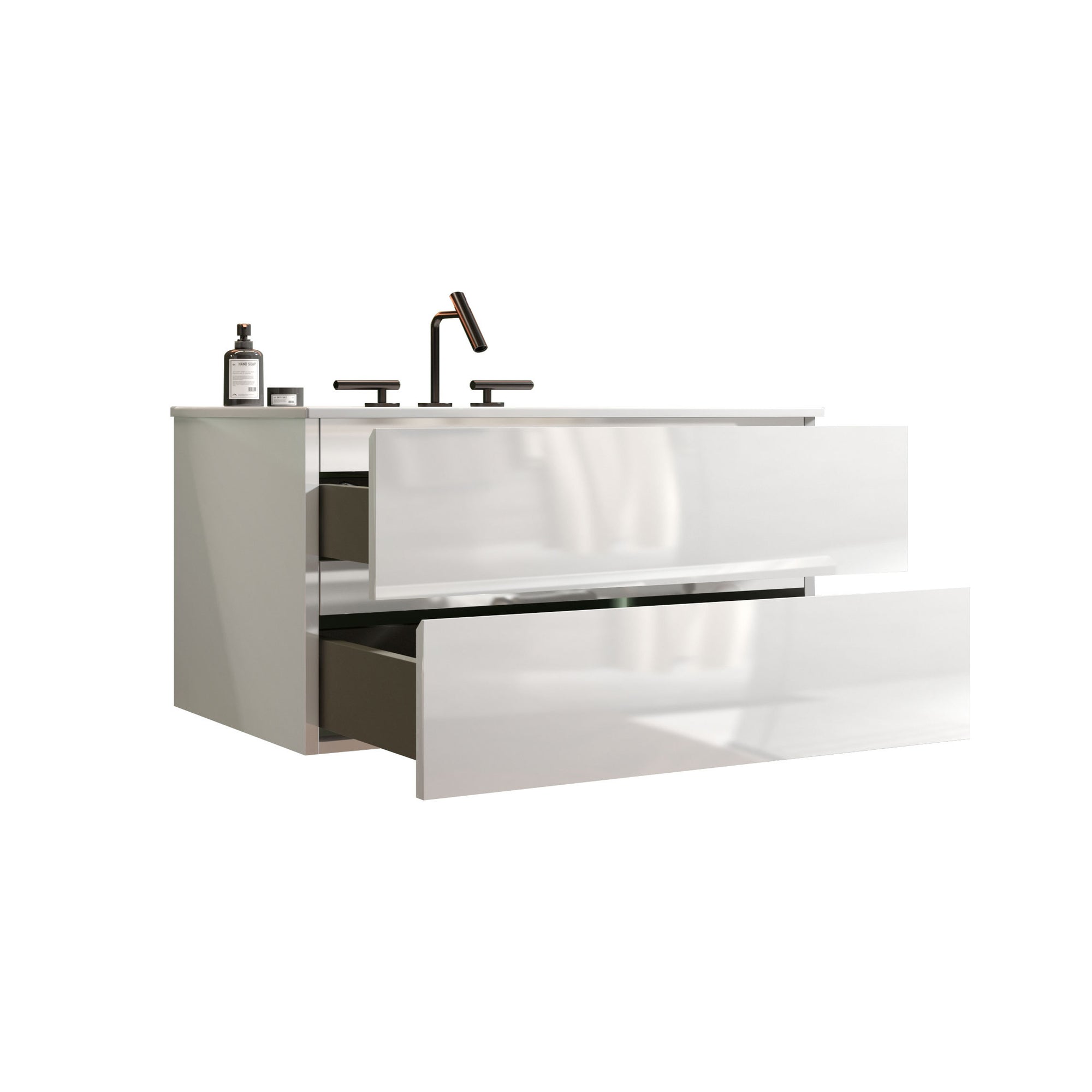 Wall Mount Glossy White Bathroom Vanity with Ceramic Sink and Three Faucet Holes Large Storage Solution for Modern Bathrooms In White