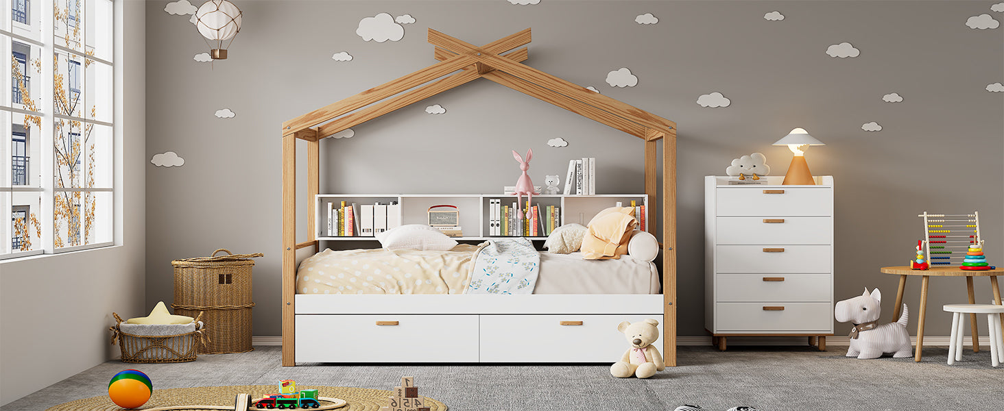 Full-Size House Bed with Storage Drawers and Bookshelves