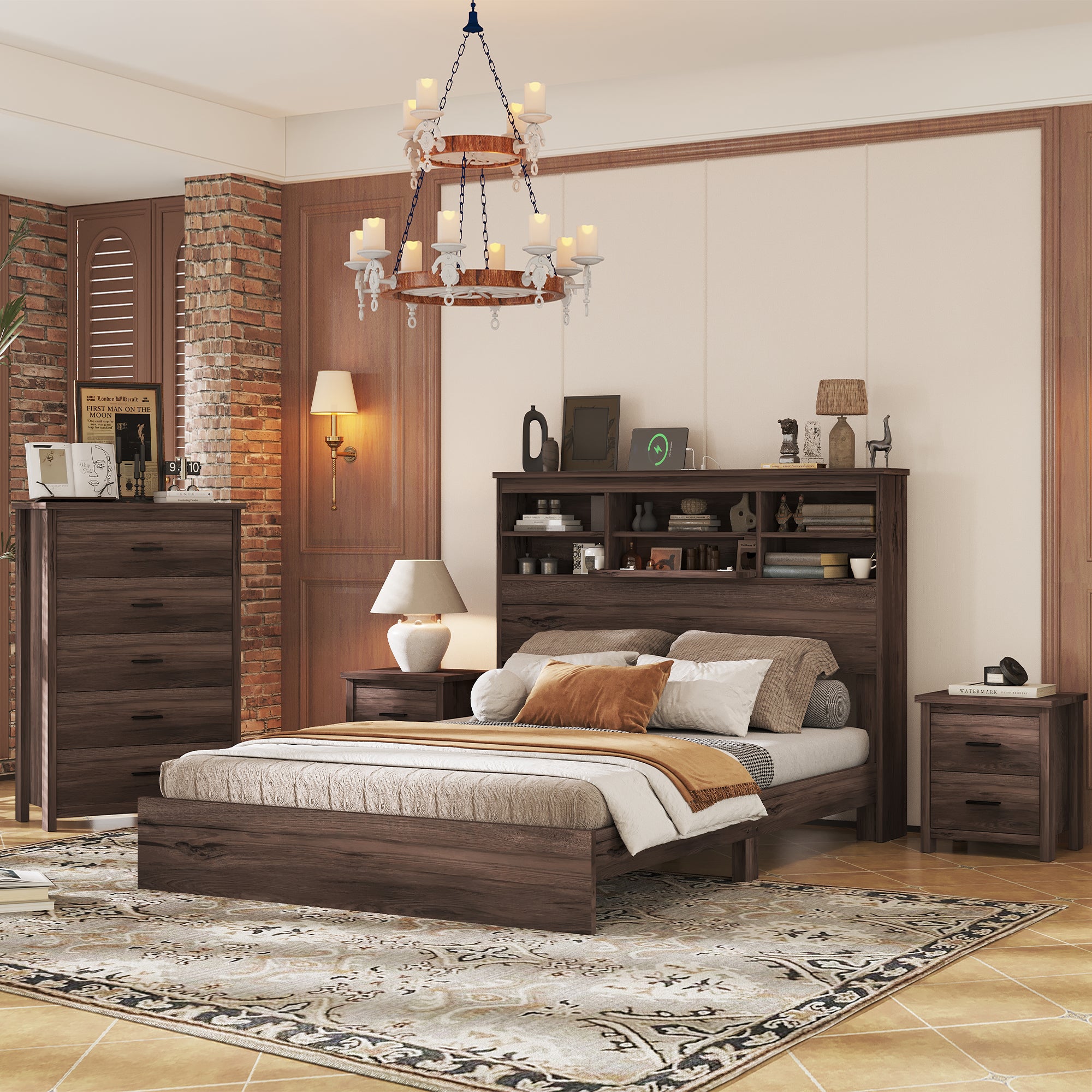 4-Pieces Bedroom Sets Queen Size Vintage Wooden Bed Frame with 2 Nightstands and 1 Dresser In Dark Walnut