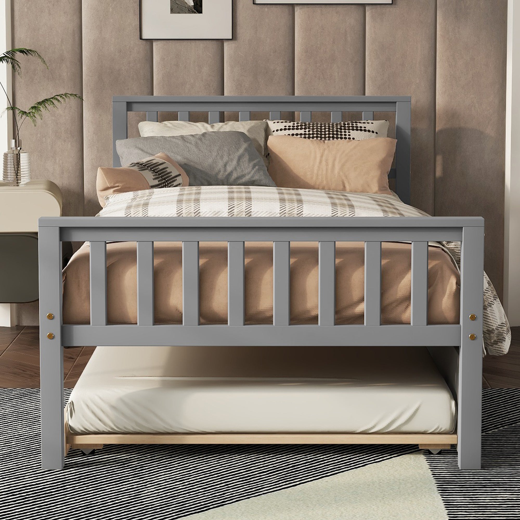 Gray Twin Platform Bed with Trundle, Headboard and Footboard