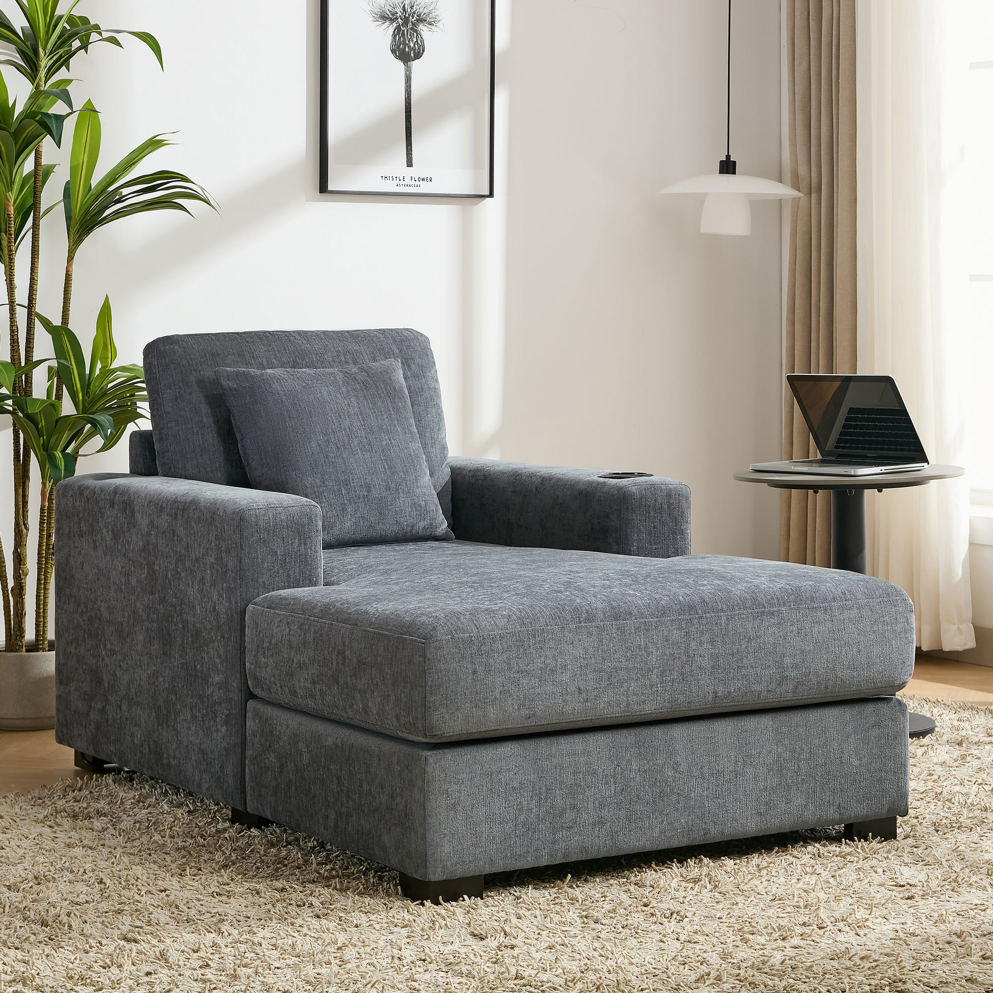 Blue-Gray Chenille Oversized Chaise Lounger with Built-in Charge Station & Cup Holders