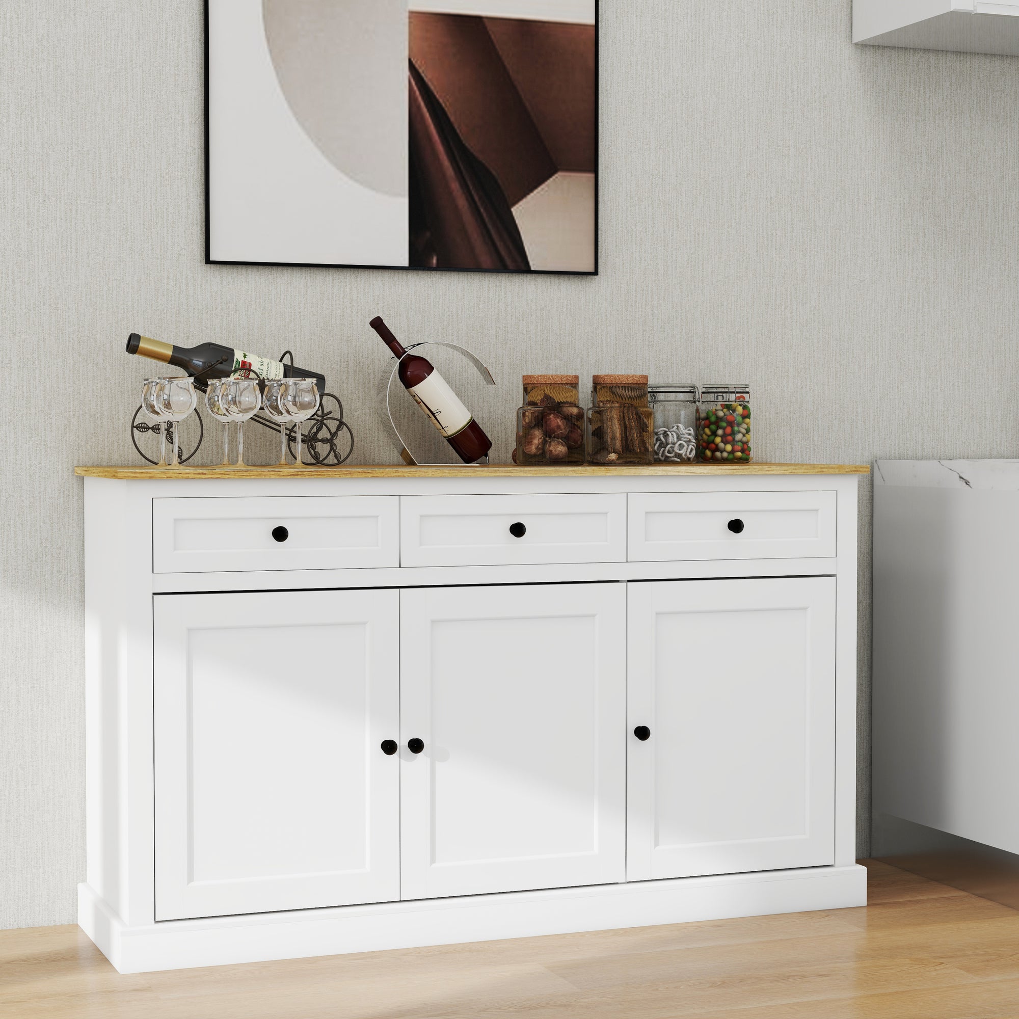 Buffet Cabinet Storage Sideboard Farmhouse Server Bar Wine Cabinet with 3 Drawers & 3 Doors Adjustable Shelves In White