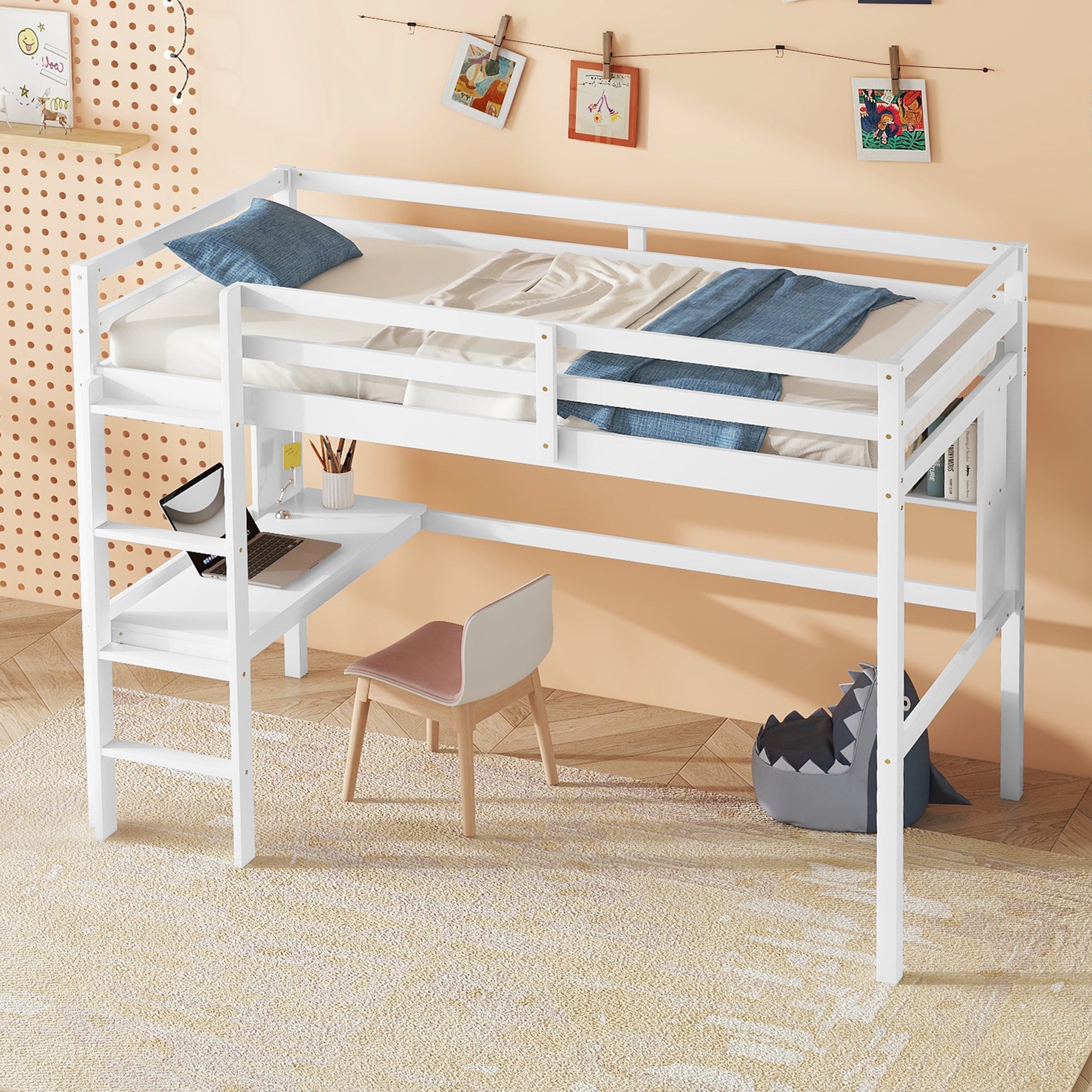 Twin Size Loft Bed For Kids with Desk, Shelves, Safety Guardrail & Ladder