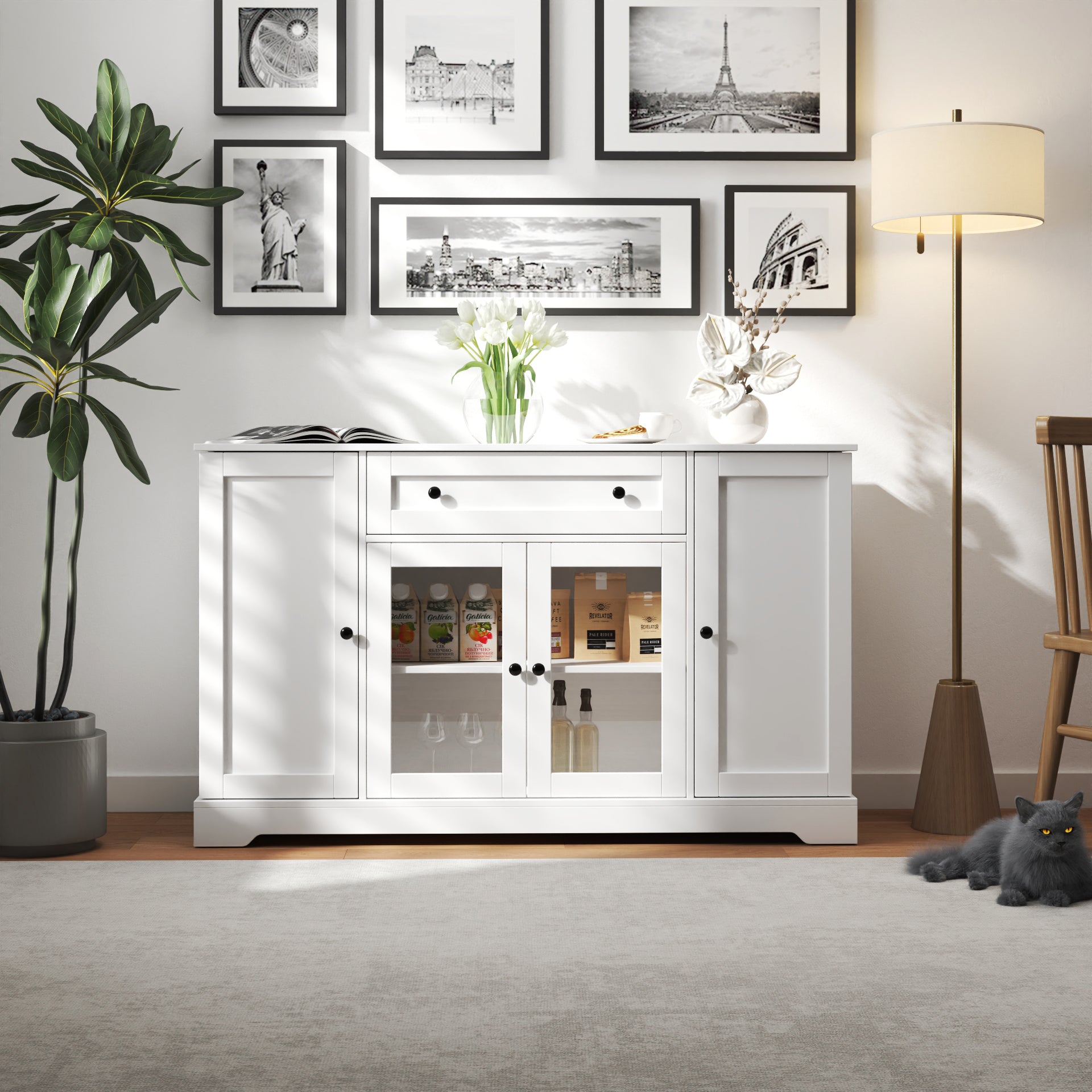 Modern Wood Buffet Cabinet with Storage and Adjustable Shelf In White