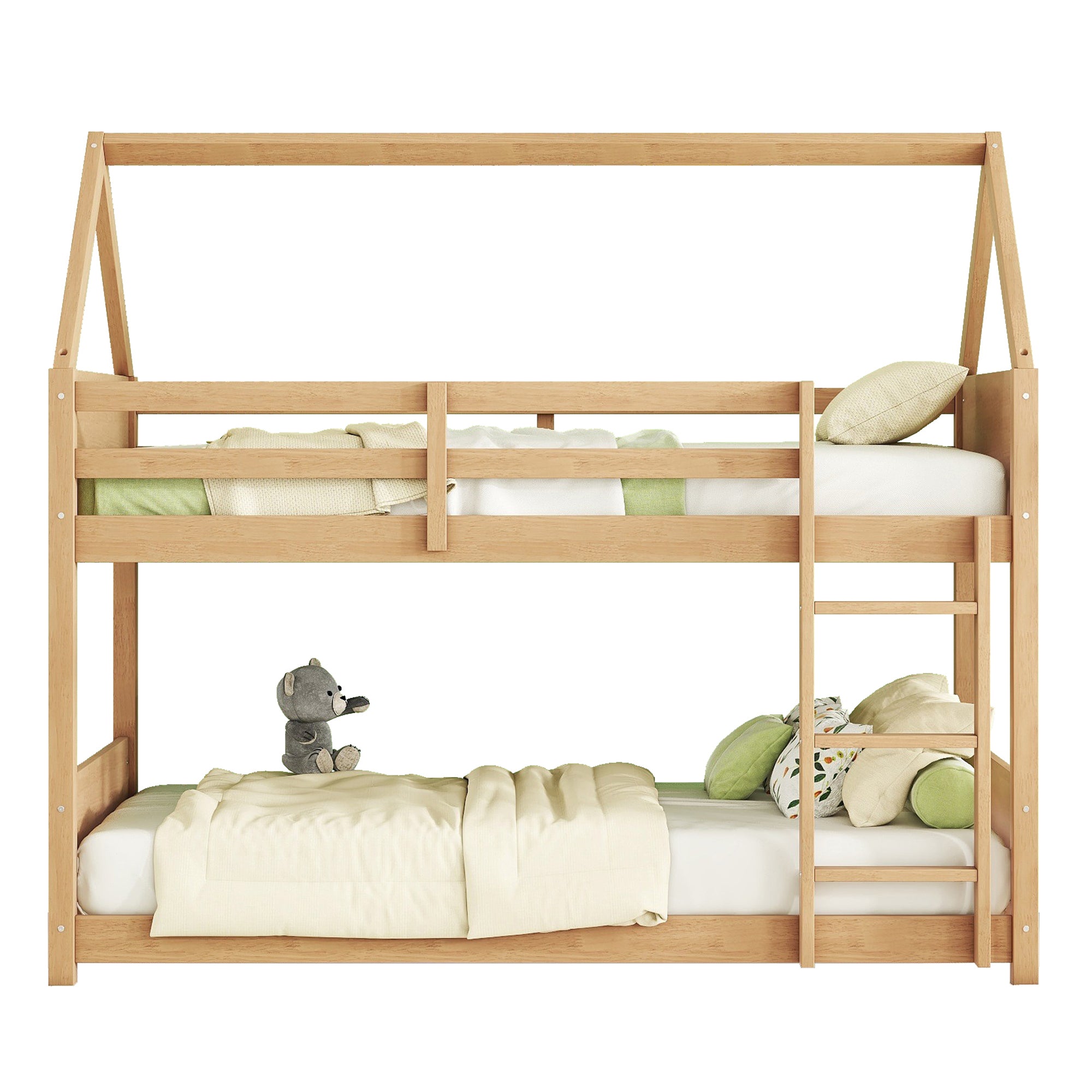 White Oak Twin Over Twin House Floor Bunk Bed with Headboards, Footboards, Guardrails, and Ladder