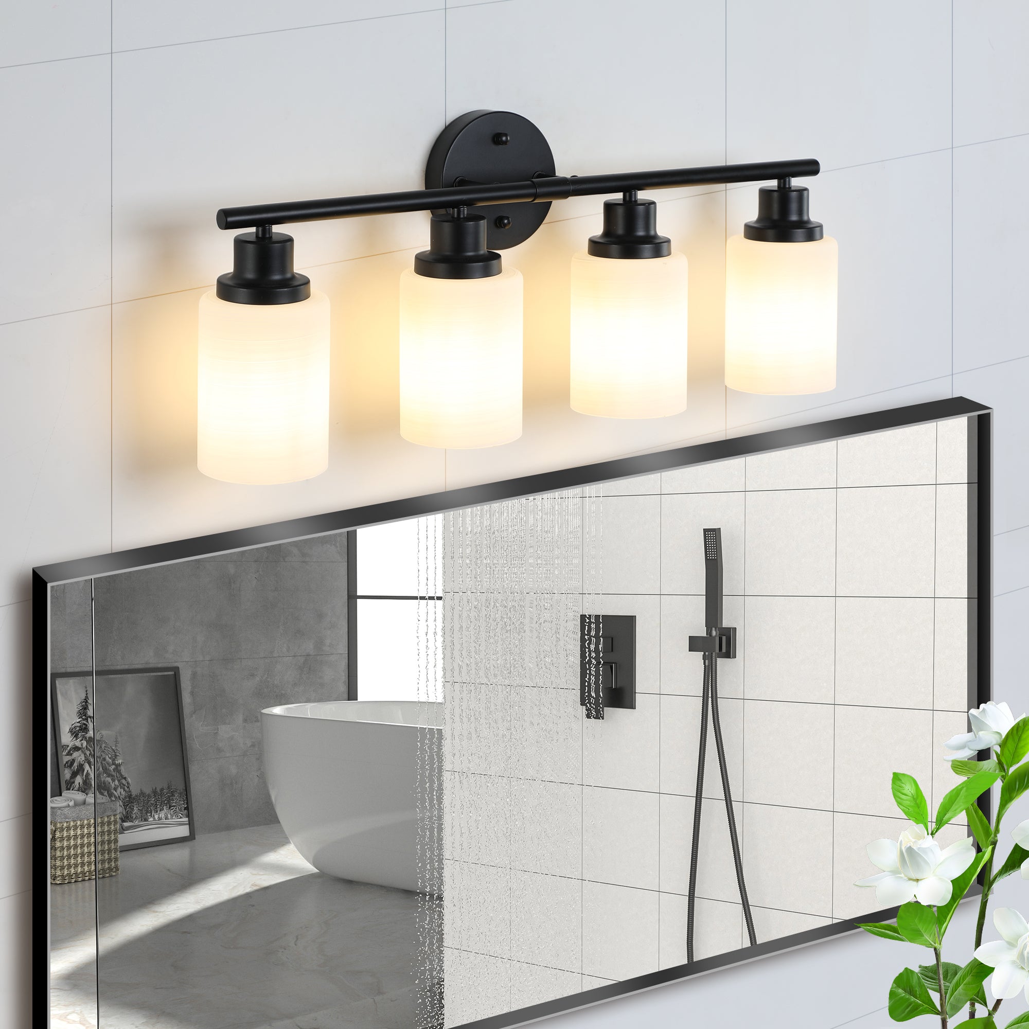 4-Light Vanity Light with Frosted White Glass with Black Iron Frame