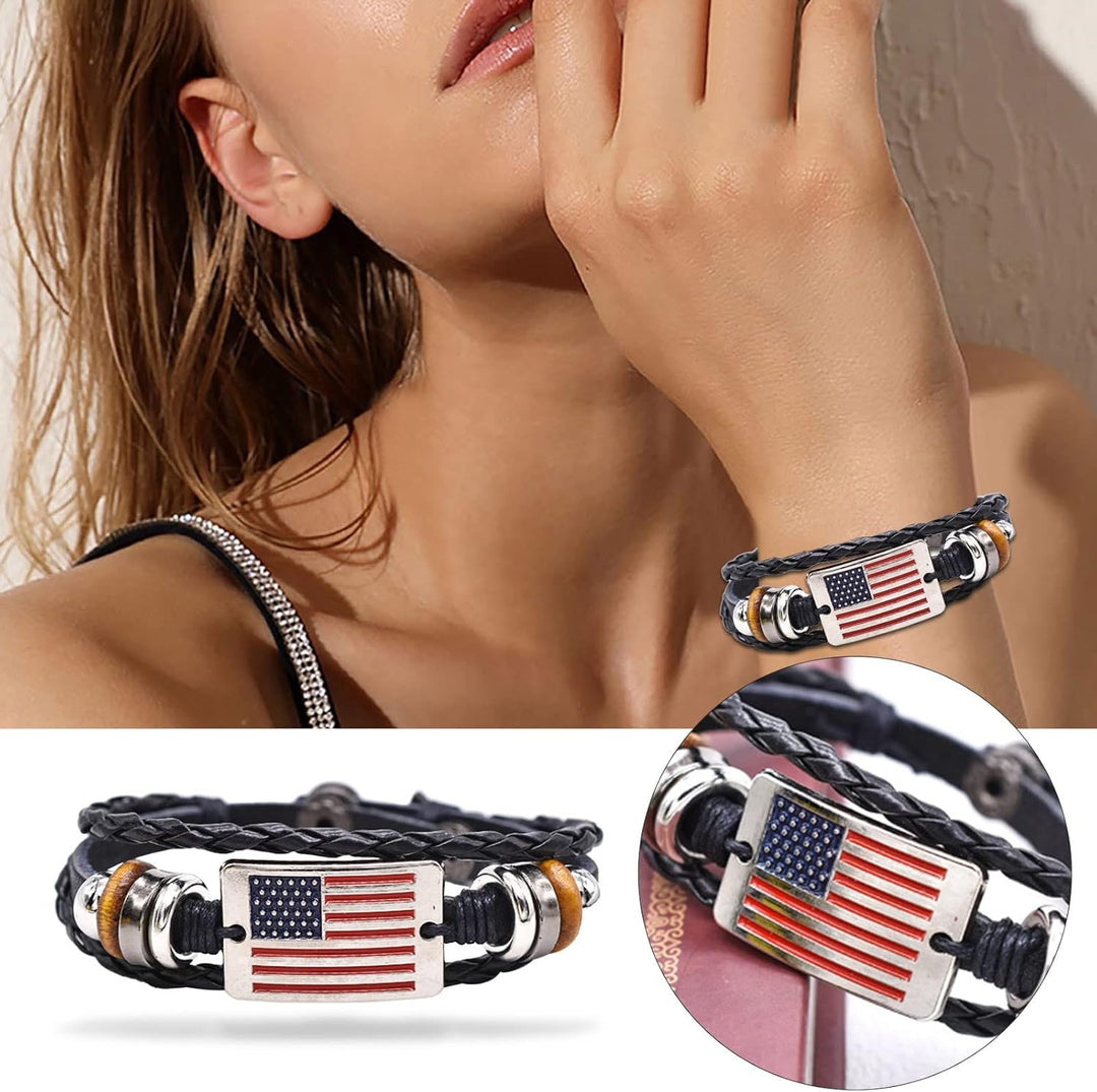 American Flag Bracelet in Dark Leather with Cuff Style
