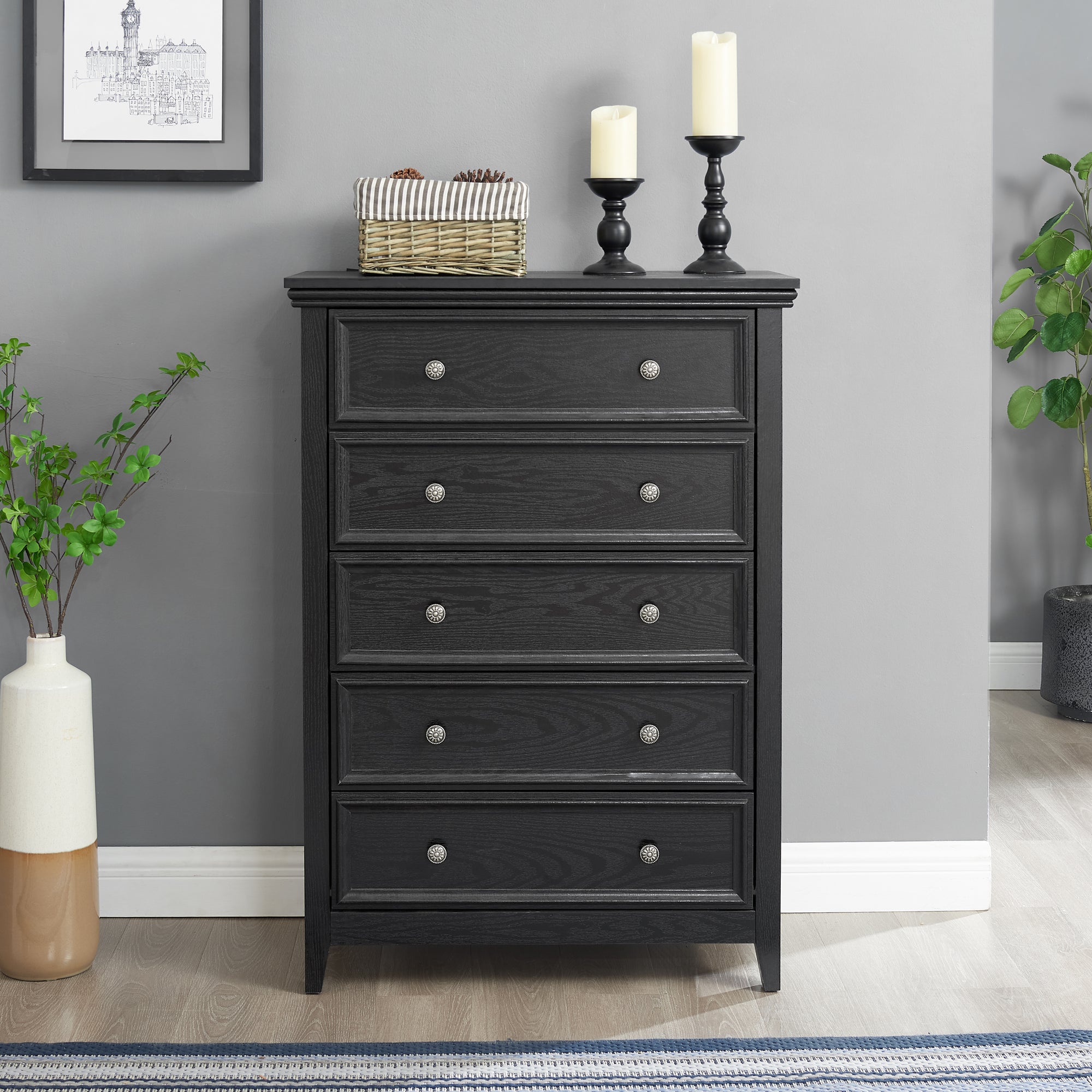 Modern 5 Drawers Dresser Storage Cabinet for Living Room In Black