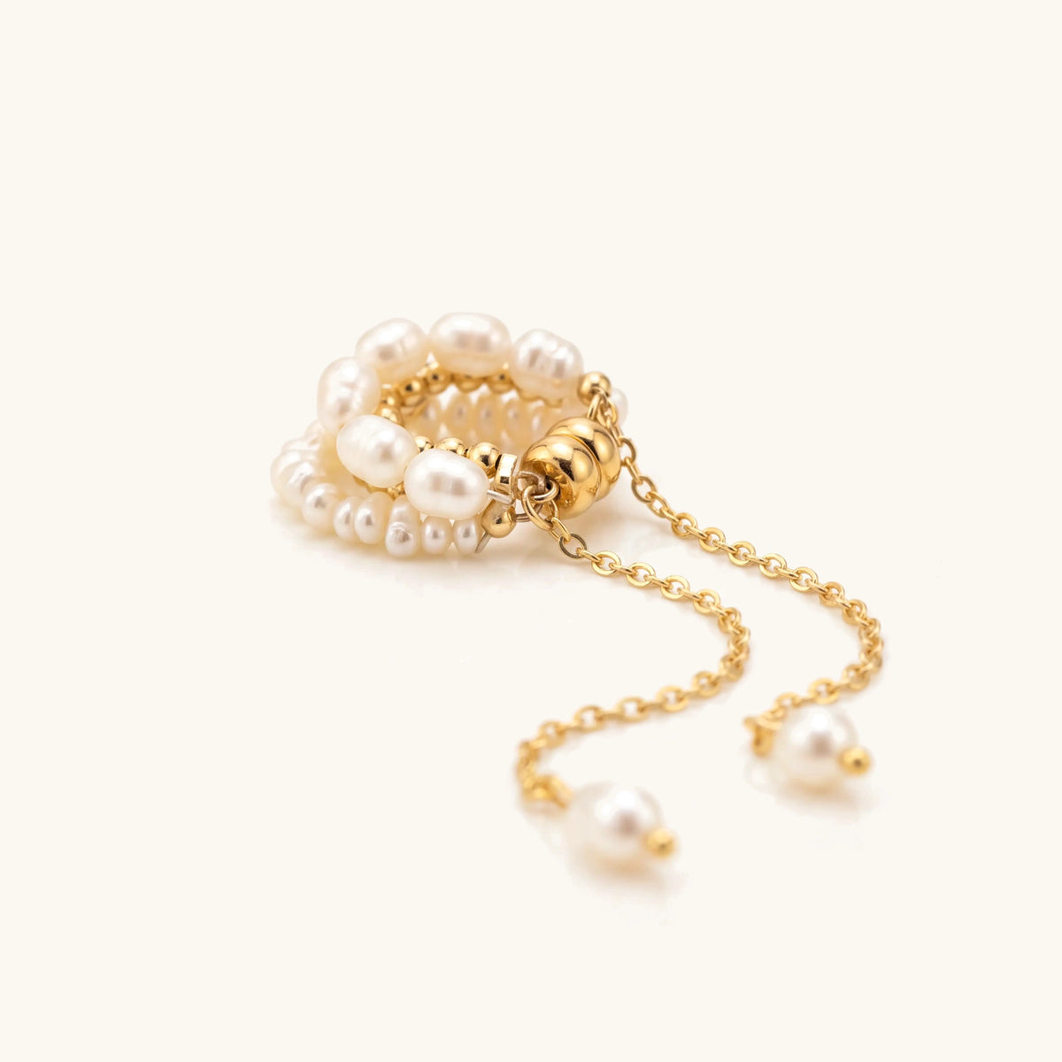 Elegant Wrapped Pearls Dangle Earring Cuff – side angle showing the wrapped pearls and gold cuff