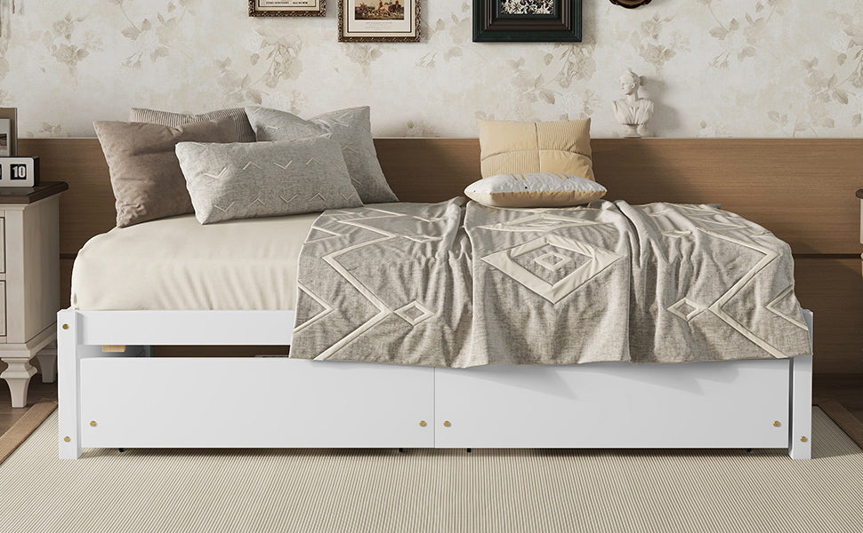 White Twin Bed with 2 Drawers, Solid Wood and No Box Spring Needed