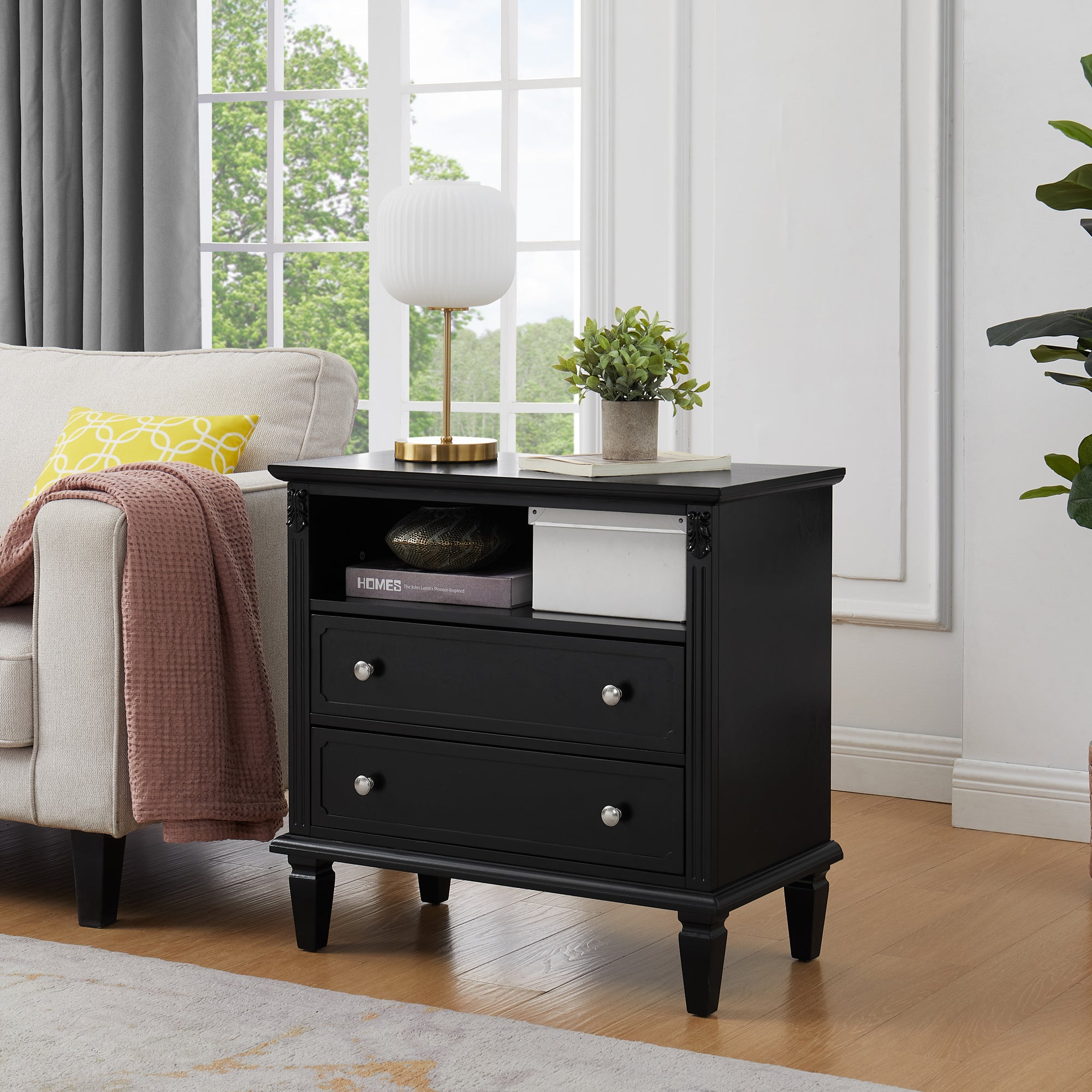 Open Space 2 Drawers Dresser Nightstand with Charging Station USB Ports Solid Wood Legs In Black