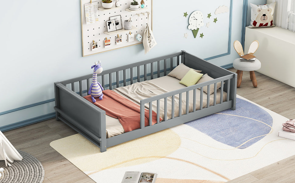 Gray Twin Toddler Floor Bed with Built-in Book Storage Rack