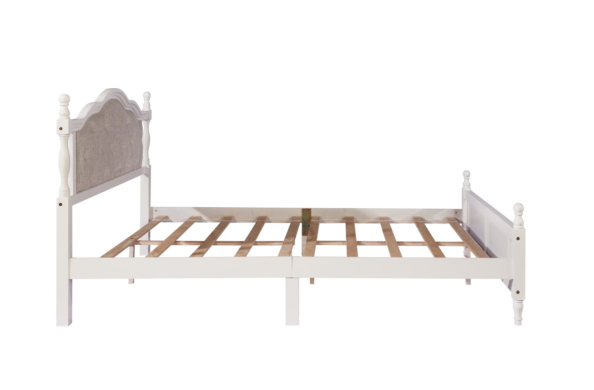 Queen Pine Wooden Bed with Upholstered Headboard and Panel Footboard In White