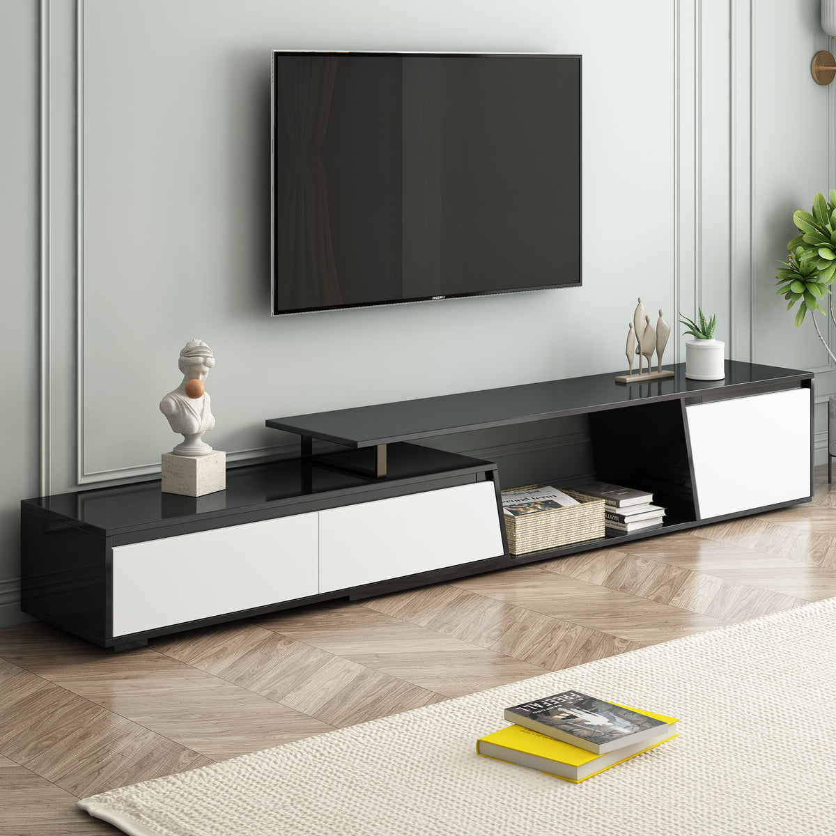 Modern Minimalist Extendable TV Stand with 2 Drawers and Cabinet for Living Room Up to 100 Inches In Black