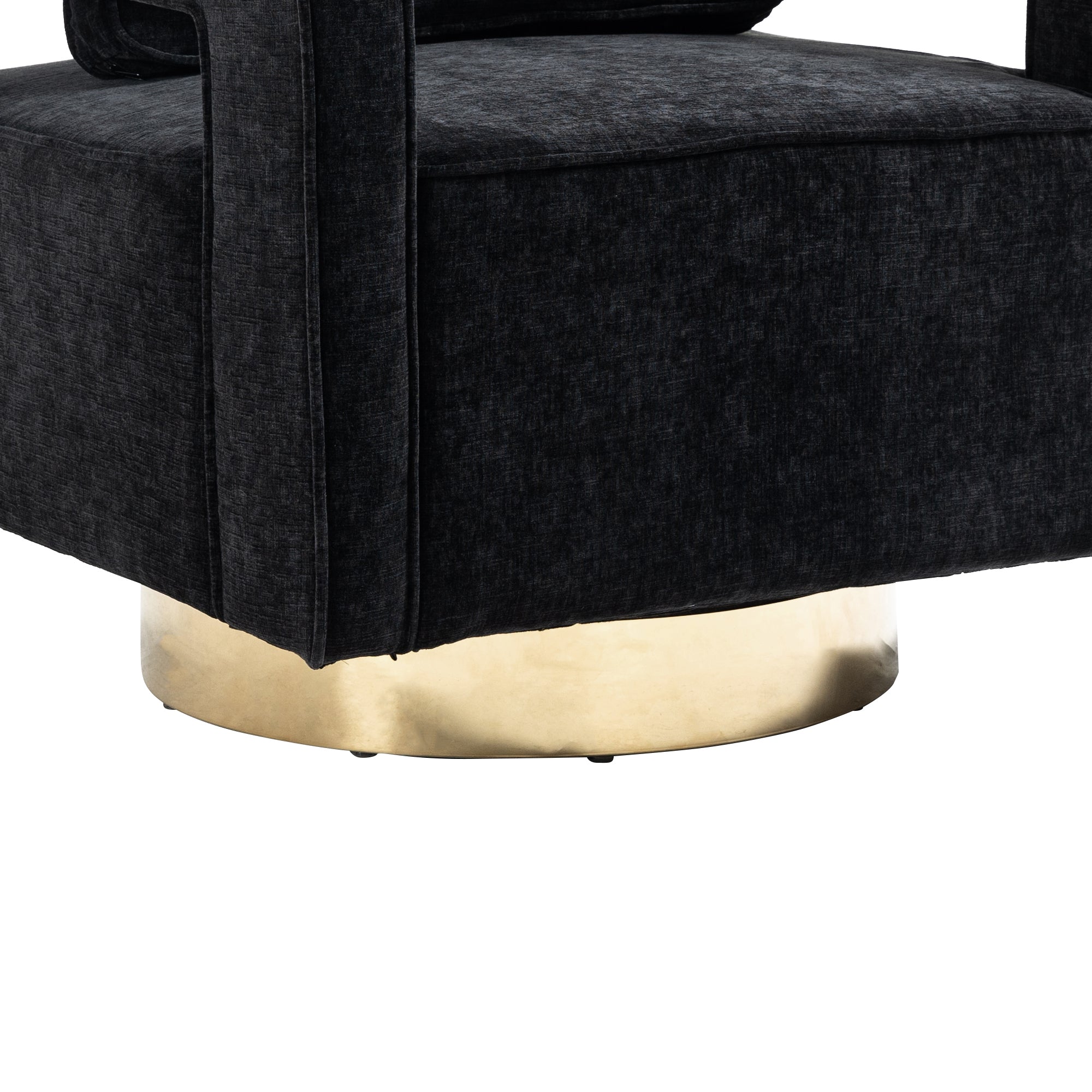 Open Back Black Chenille Swivel Accent Chair With Gold Stainless Steel Base