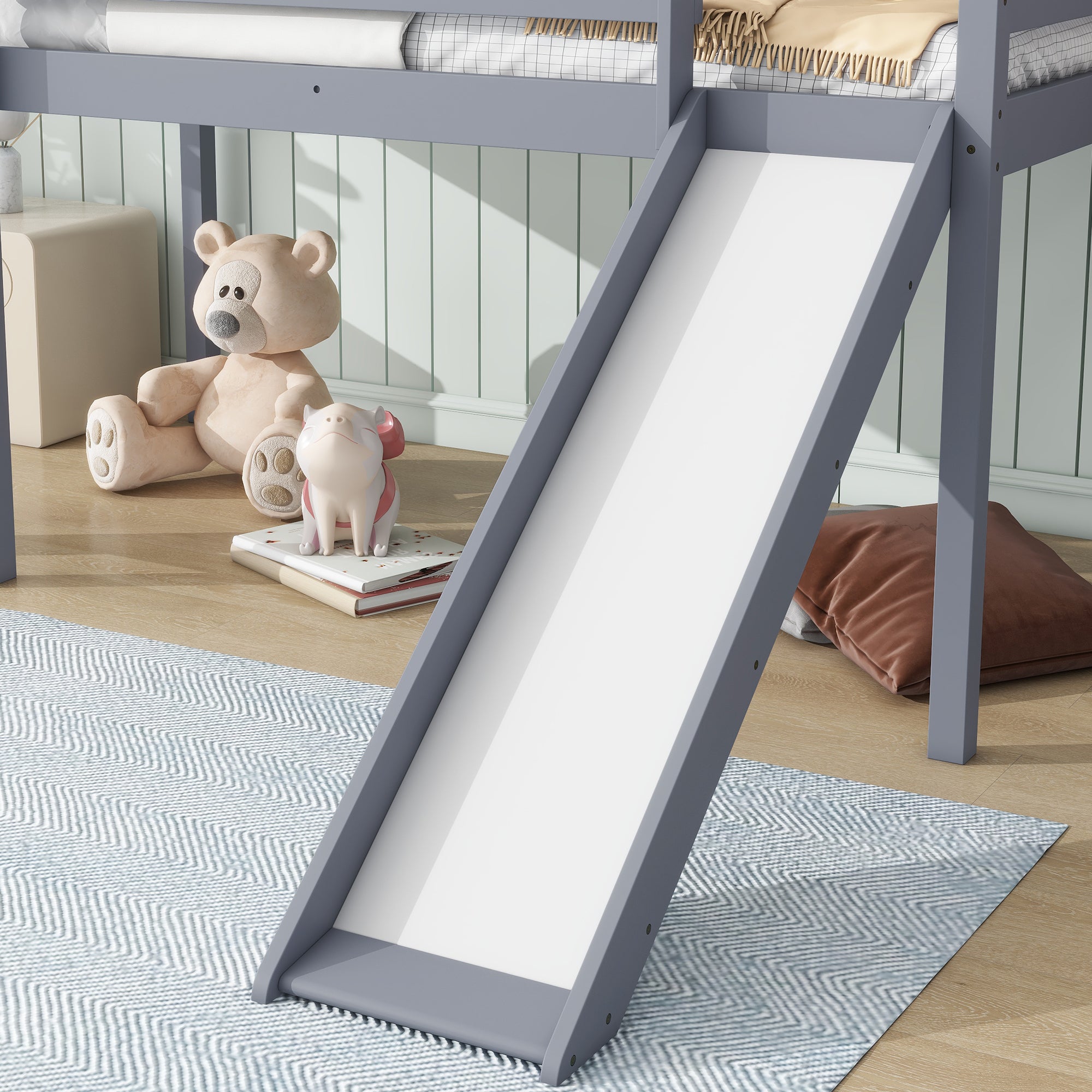 Gray Twin Low Loft Bed with Slide, Ladder, and Guardrails